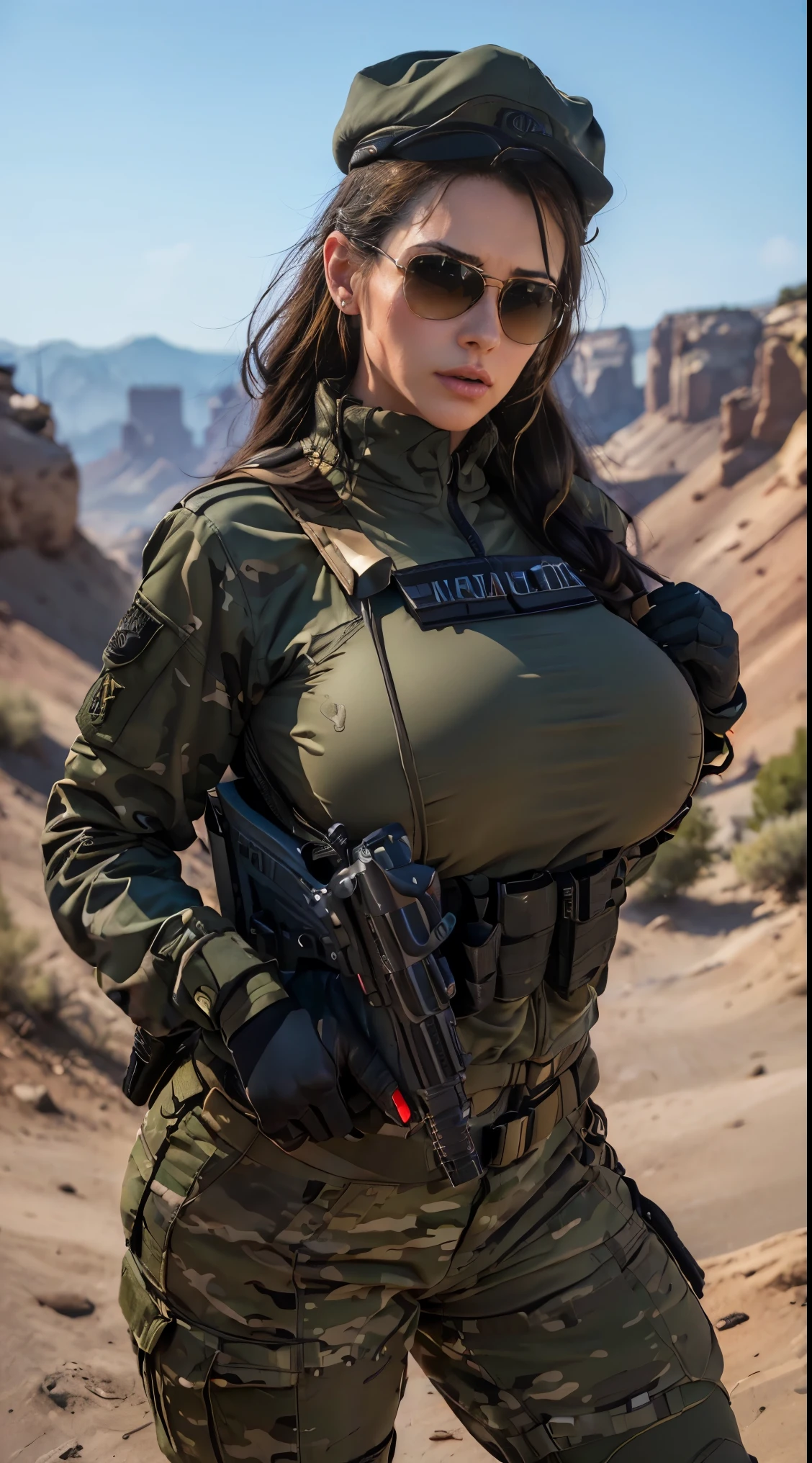 Sexy Woman Big Breast Tactical Body Athletic Sunglasses Military Scarf and Cap