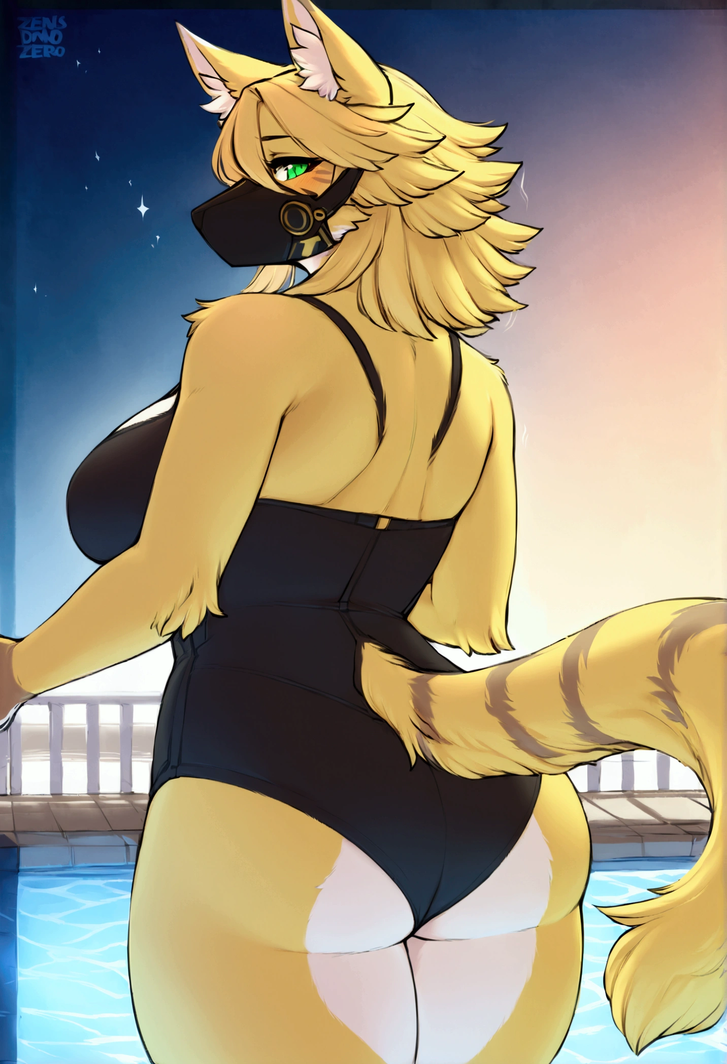 (top quality, best quality, Iriedono, High-quality illustrations, masterpiece, perfect artwork, cinematic light and shading, 16k, 1080p, uploaded on e621)(kemono, furry, anthro, alone), 1 larger female, (very detailed body, face, tail, arms, hands, legs, head and eyes), cat, Pulchra, (Zenless Zone Zero), yellow fur, fluff, striped fur, striped body, big breasts, fluffy tails, hair, perfect eyes, green eyes, black pupils, wearing a mask, beautiful summer one-piece swimsuit, swimming pool, beautiful night, body movement, body twitching, showing butt, looking behind, looking at viewer