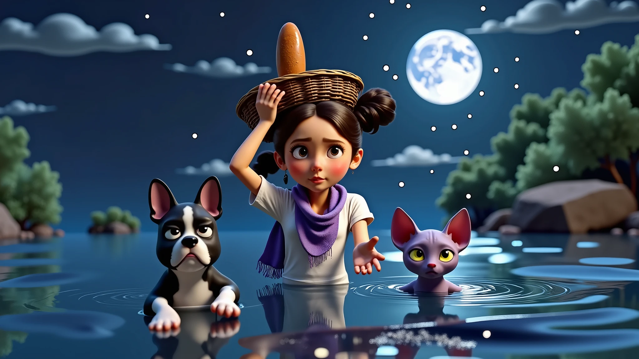 Inspired by the characters in the Disney Pixar movies, create a high-resolution, high-quality 3D image of a girl wearing a lilac scarf protecting her neck, a white t-shirt, holding a basket over her head with a BREAD in one hand, SHE STRETCHES OUT HER OTHER ARM WITH HER HAND OPEN, TRYING DISASTRUSUALLY AND PUSHING IT IN FRONT OF HER, SHE CANNOT CATCH, CATCH THE BREAD THAT FALLS FROM THE BASKET, she is submerged in water from the waist down, she has a look of despair, next to her nothing, a black and white French bulldog puppy with the predominant color black, a hairless purple cat the yellow eyes with the scared face of the SPHINX breed, THE ANIMALS SWIM DESPERATELY TO TRY TO SAVE THE BREAD THAT FELL FROM THE SEX, they cross a river on a dark night where only one star shines brightly and a full moon