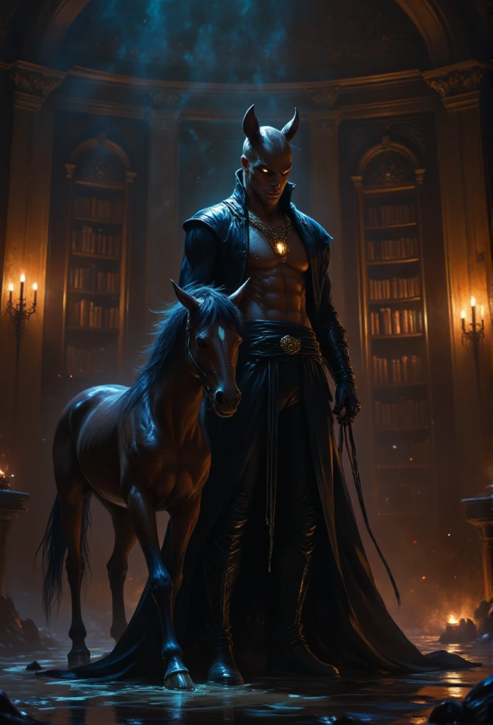 a king who has a brown horse's head instead of a human head,  a king with a muscular body and the head of a brown horse,  detailed fantasy portrait , hyper realistic,   highly detailed  , intricate, dramatic lighting, chiaroscuro, cinematic,  dark costume ,  Gothic, ethereal,  melancholic nighttime , dramatic, sombrio, threatening, ( best quality ,4K,8k, highres icon,  masterpiece :1.2), Ultra-detailed,(realistic,photorealistic,photo-realistic:1.37), detailed and ornate clothing , Crown with jewels,  glowing eyes ,  skeletal features , knotty hands , imposing presence,  dark castle interior ,  flickering candles ,  dusty bookcase , threatening atmosphere