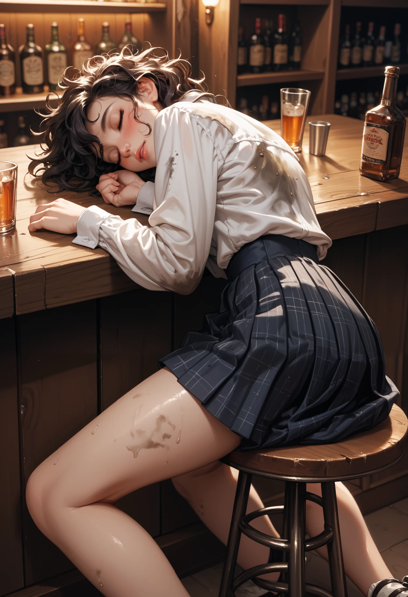 score_9, score_8_up, score_7_up, score_6_up, score_5_up, score_4_up, source_anime, solo focus, 1girl, eyes closed, blushing, vomit, passed out, (fall asleep), asleep leaning against the table, top-down bottom-up, legs spread, ((bar table)), closet, disheveled clothes, skirt lifted, messy hair, dirty clothes, side view, rear angle, dim light, bar, (topple over), dramatic light, dynamic angle