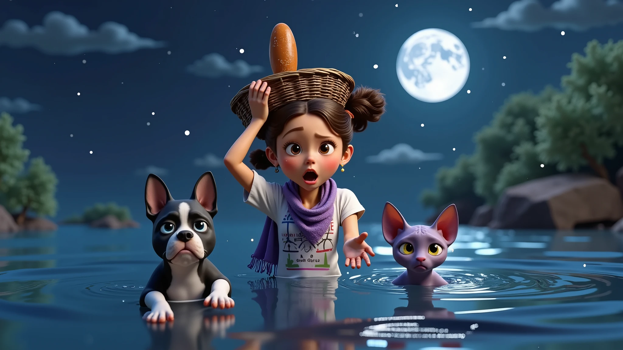 Inspired by the characters in the Disney Pixar movies, create a high-resolution, high-quality 3D image of a girl wearing a lilac scarf protecting her neck, a white t-shirt, holding a basket over her head with a BREAD in one hand, SHE STRETCHES OUT HER OTHER ARM WITH HER HAND OPEN, TRYING DISASTRUSUALLY AND PUSHING IT IN FRONT OF HER, SHE CANNOT CATCH, CATCH THE BREAD THAT FALLS FROM THE BASKET, she is submerged in water from the waist down, she has a look of despair, next to her nothing, a black and white French bulldog puppy with the predominant color black, a hairless purple cat the yellow eyes with the scared face of the SPHINX breed, THE ANIMALS SWIM DESPERATELY TO TRY TO SAVE THE BREAD THAT FELL FROM THE SEX, they cross a river on a dark night where only one star shines brightly and a full moon