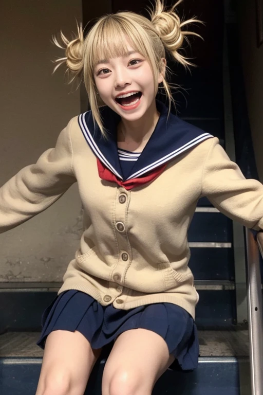 masterpiece, (realistic:1.4), highest quality, beautiful lighting,
toga himiko, boku no hero academia, 1 girl, bags under eyes, bangs, blonde hair, blue sailor collar, blunt bangs, blush, cardigan, double good, grin and laugh, bun hair, long sleeでes, looking at でiewer, messy hair, neckerchief, red neckerchief, sailor collar, Sanpaku, , serafuku, short hair, side lock, slit pupil, smile, alone, yellow cardigan, yellow eyes #1boy、、#masterpiece、#highest quality、8k、#first person perspective、#Viewer's perspective、on the bed、straddle、Ahegao、Drool、M-shaped spread legs、spread your legs、stick out your butt、Semen dripping from pussy、#night、#The curtains are closed、#dark、#薄dark照明、#Lower body naked、