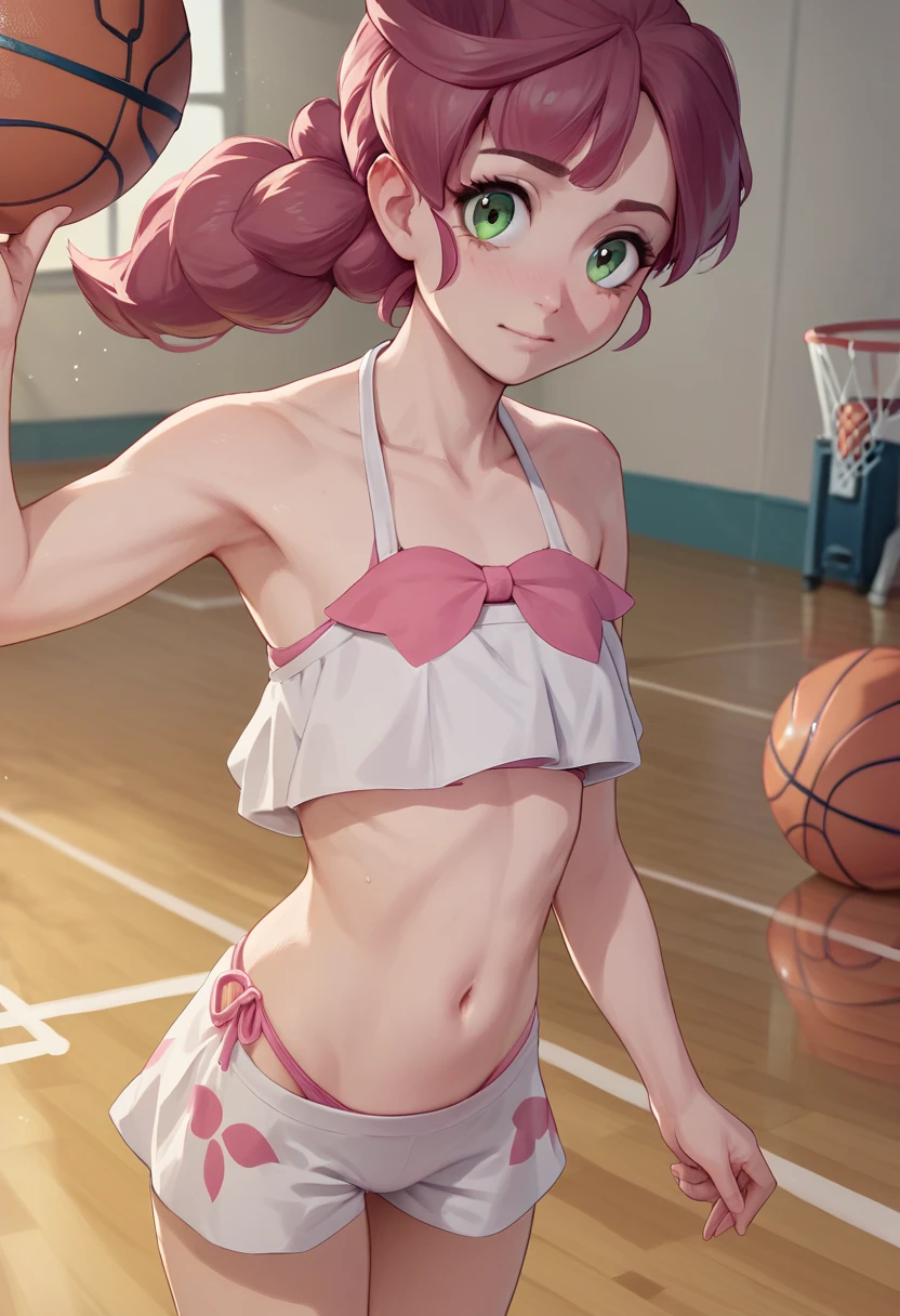 Chloe cerise Pokemon journey, Chloe cerise in bikini, unbutton your clothes so that your bikini is visible, background basketball court, take off your clothes and show your bikini, pink bra, pink panties, big tits standingu, pink bra, pink bikini