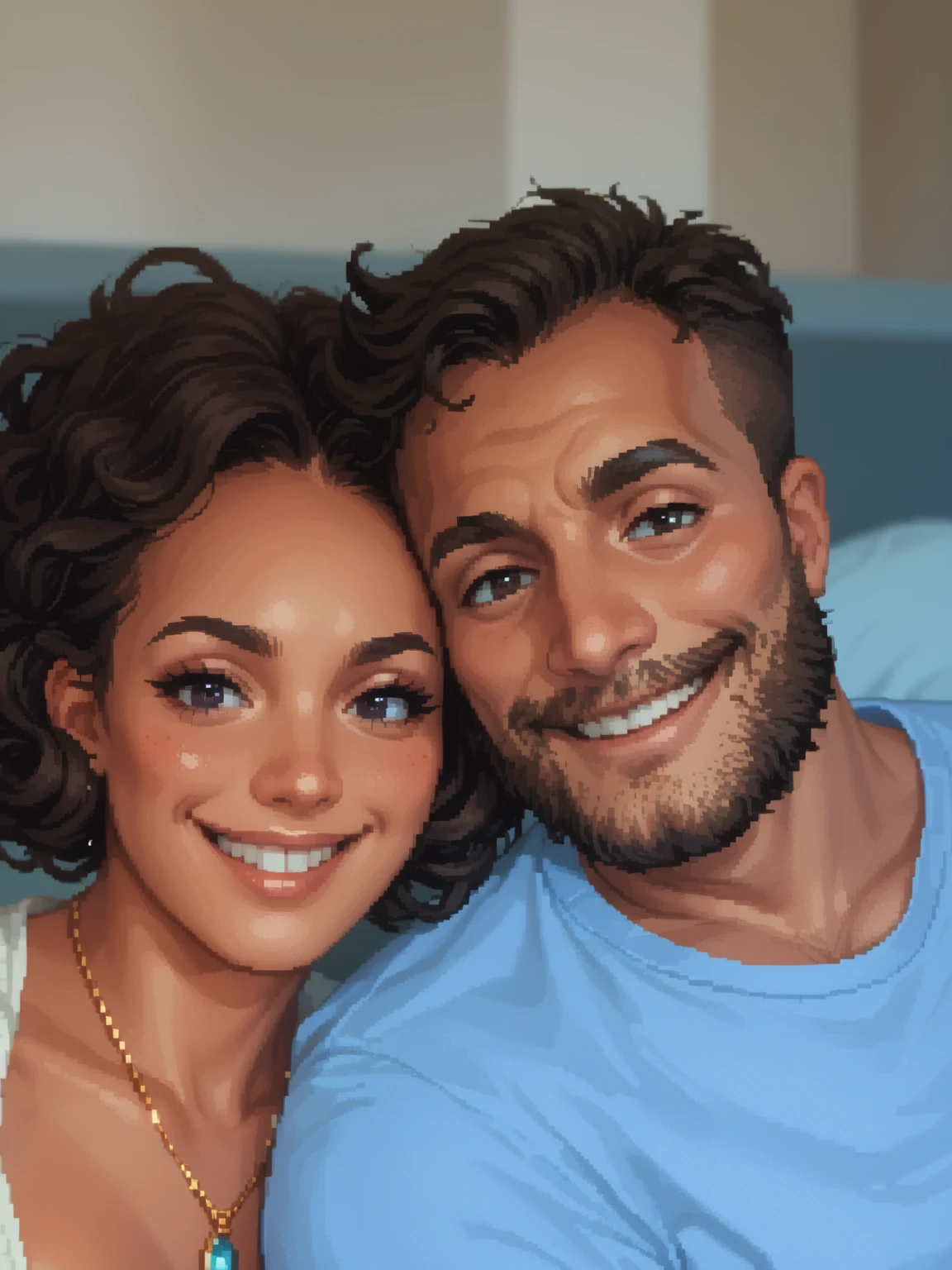 create a 8-bit pixel art cartoon of A bright and joyful close-up portrait of a smiling couple relaxing together indoors. The woman has curly dark hair, radiant skin, dark eyes, and wears a delicate gold necklace with a small pendant, along with a casual light-colored top. The man has short dark hair, dark eyes, a neatly groomed beard, and wears a light blue shirt. Both are leaning closely, radiating happiness and warmth. The soft background features subtle patterns and textures, enhancing the cozy and relaxed atmosphere.