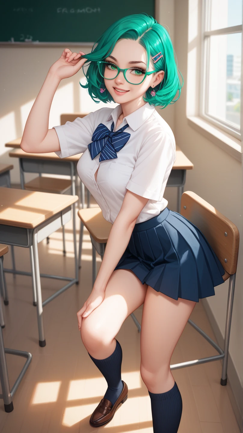 masterpiece:1.6, best quality:1.4, real picture:1.2, intricate details:1.2, colorful, extremely detailed face, tatsumaki (pelvic curtain:1.2) Blue school girl sailor uniform, tight,(, classroom advanced, full body, , massive breasts, short curly green hair, green eyes, hands behind back, prideful, short blue skirt, blue ribbon, white shirt, blue collar, wearing headphones, hands behind back, hidden hands, 1 girl, cute. floating papers