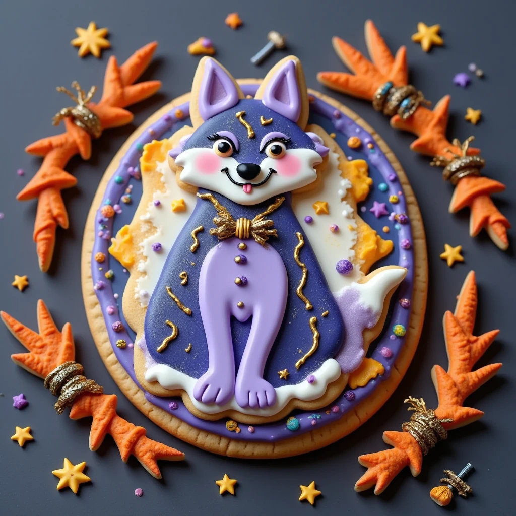 (masterpiece, best quality:1.2),Halloween icing cookie, wolf, icon, moon, shining star,