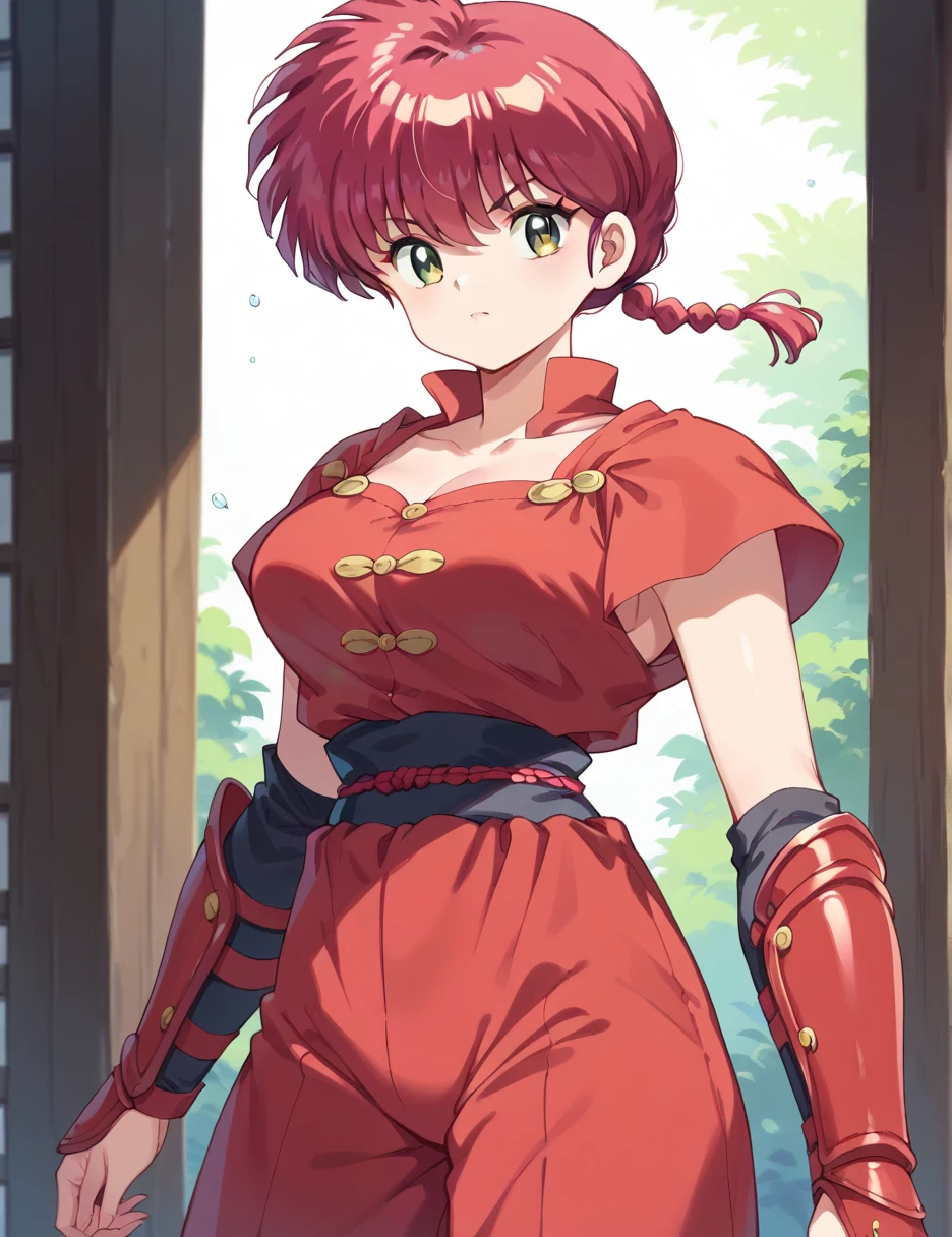  brown eyes ,  brown hair ,  short hair 、Ranma-chan, Red Hair,  braided 、female knight armor、 cowboy shot