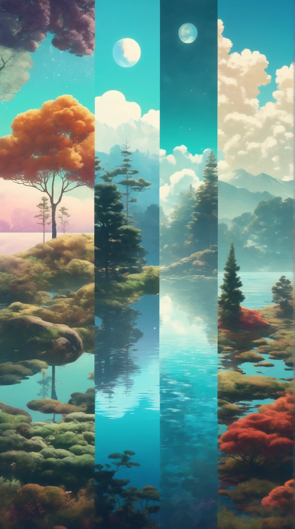 Vertical Landscapes - minimalist psychedelic nature collage art, clear, clean, high resolution, detailed, trending on artstation, Hiroshi Yoshida and Sylvain Sarrailh and N.C. Wyeth and Alena Aenami style