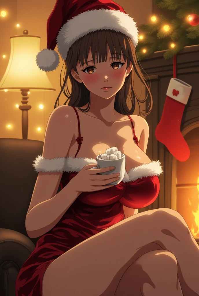 Sexy anime girl drinking coffee in front of kamen stove in room decorated with Christmas tree