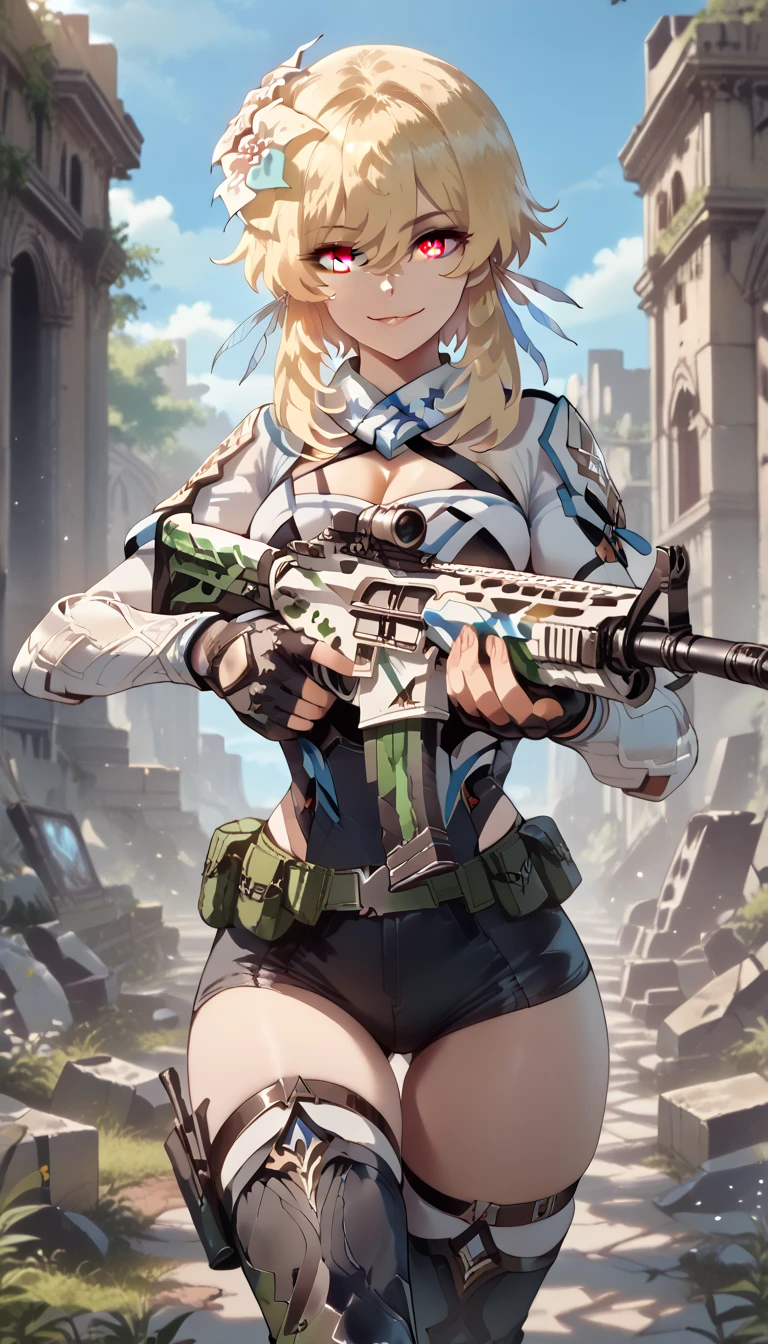 ultra-detailed, 1girl, lumine, ((masterpiece)), (best quality), (highres), 16K, perfect face, yellow eyes, short hair, blonde hair, hair between eyes, bangs, hair ornament, wearing tactical clothes, wearing black thong, black gloves, tactical belt, thigh boots, busty body, large breasts and a beautiful ass, showcasing cleavage, legs, hips, (holding assault rifle), looking at viewer, smile, detailed full body, ruins background