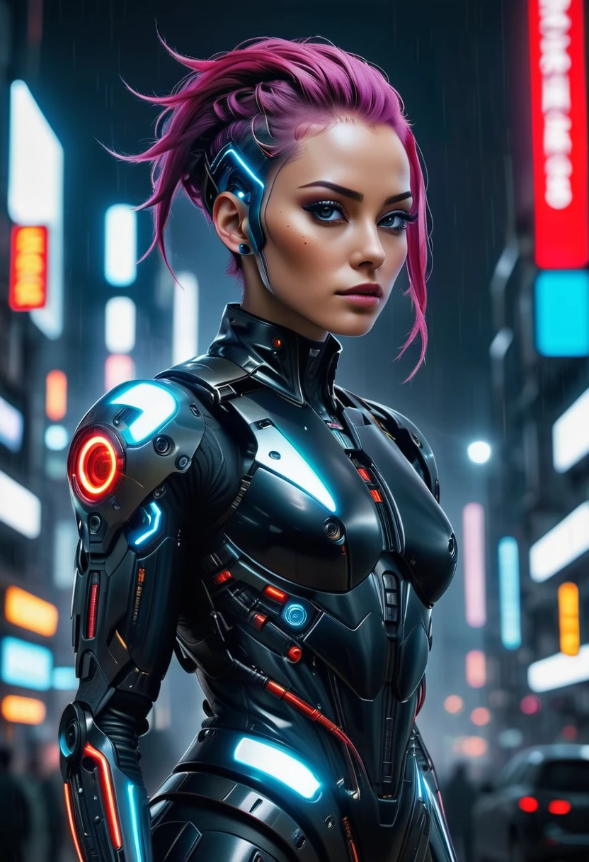 " a hyperrealistic image ,  cyberpunk style,  of an alien with shiny chrome skin that reflects vibrant lights in ominous tones and a futuristic city in the background.  Its appearance is highly technological ,  with intricate cybernetic modifications scattered across the face and body .  The eyes are large and intensely colored , with an internal red glow that transmits artificial intelligence .  Metal plates and detailed circuits are integrated into your skin ,  forming geometric patterns and energetic lines that emanate a subtle light . 

 The alien has an elegant and aerodynamic body design and masculine features ,  with elongated limbs and biomechanical details ,  including exposed cables and embedded microchips .  Its face displays unique features ,  like illuminated crevices and metallic bone structures that blend perfectly with technological modifications. 

 The background is a bustling cyberpunk city ,  filled with skyscrapers illuminated by colored holograms and panels of digital advertisement .  creating an impressive visual contrast .  The atmosphere is dense and vibrant ,  with particles of smoke and fine rain illuminated by city lights .  The lighting emphasizes the details of the alien's body and face ,  giving a sense of stately and futuristic presence .  An artwork in 8k ,  realistic full textures and minute details , combining science ,  cyberpunk technology and aesthetics ."