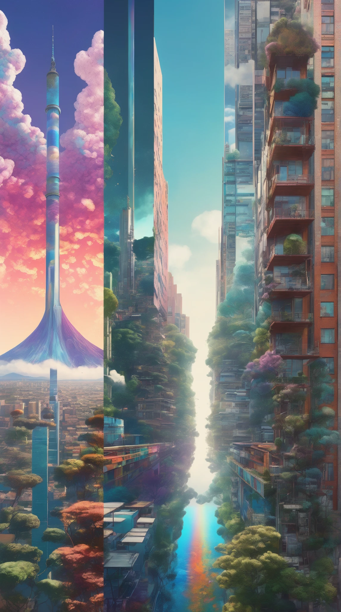 Vertical Landscapes - minimalist psychedelic URBAN landscape collage art, clear, clean, high resolution, 8K, UHD, detailed, trending on artstation, Hiroshi Yoshida and Sylvain Sarrailh and N.C. Wyeth and Alena Aenami style