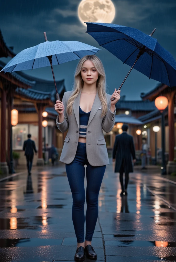 On the rainy playground, the girl hit the umbrella above her head, and held an umbrella in her other hand, blue denim leggings, masterpiece superb night moon full moon 2 female mature woman, Chinese sister royal sister cold face showing silver white long hair woman light pink lips calm intellectual three banded gray elementary school student assassin lantern lantern flower ball background strolling street scene, long hair shawl,