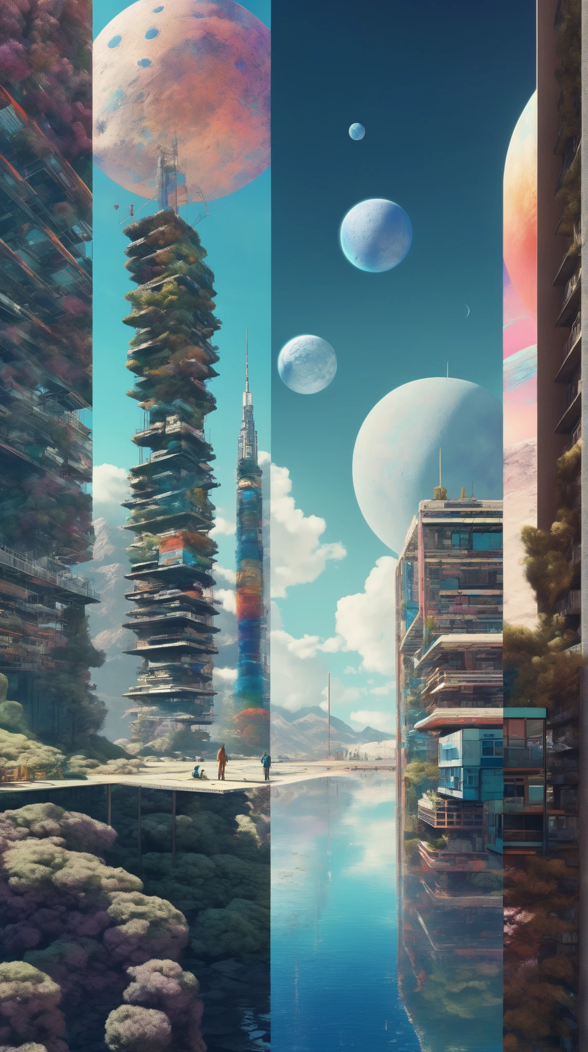 Vertical Landscapes - minimalist psychedelic Advanced  URBAN landscape in Moon base collage art, clear, clean, high resolution, 8K, UHD, detailed, trending on artstation, Hiroshi Yoshida and Sylvain Sarrailh and N.C. Wyeth and Alena Aenami style