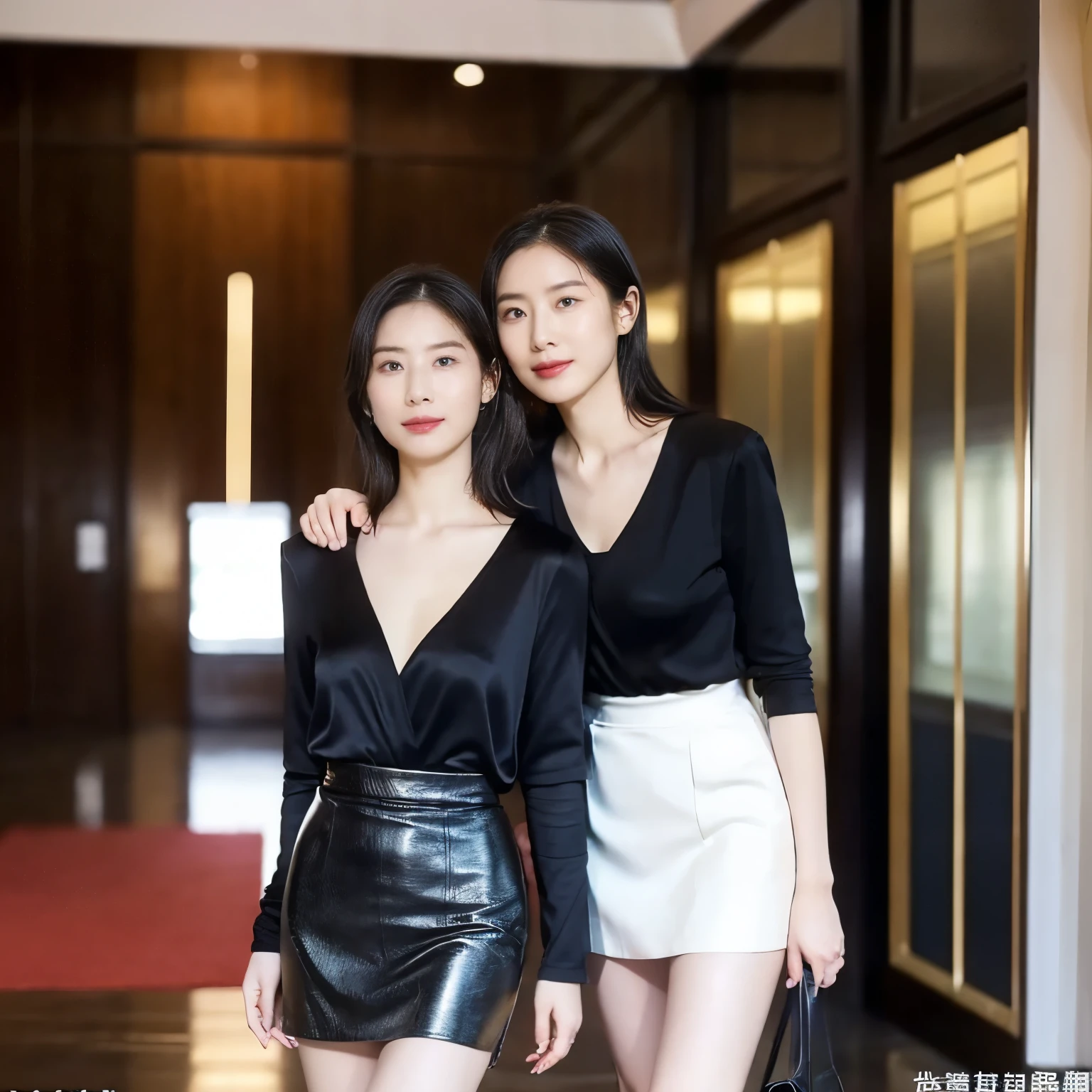 Two women in black and white outfits posing for a picture - SeaArt AI