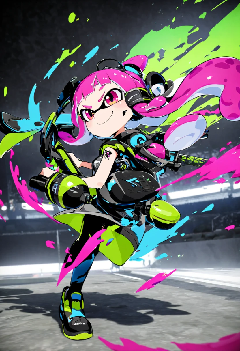  score_9,  score_8_up,  score_7_up,  score_6_up,  score_5_up,  score_4_up, girl,Alone, Girl Weapon Drawing - Pink Ink Fires from Sling ，smile，Speed，wind(1.3)スプラトゥーンwind,  Video Game Fan Art ,Alone, With a tattoo of a イカ,  Splatoon 3,   High Quality ファンアート ,  High Quality 、 Super Luxury ， Vivid ，color彩，masterpiece、最 High Quality 、 high definition ，さまざまなink，3d、  disorganized ,  high definition ,  super detailed,武器からピンクのinkが発射，， concrete ground，Serious，Alone，ink， Dynamic，
 Splatoon Girl , , fighting against other Splatoons,color々なinkが飛び散る，壁にink，フェンスにink,  low angle shot , 体には多くのinkが付着している,水鉄砲やink銃を使ってお互いに絵の具を塗り合う,splash ink , colorful ,Delighted,Volumetric Light,  Dynamicなポーズ, sharp,