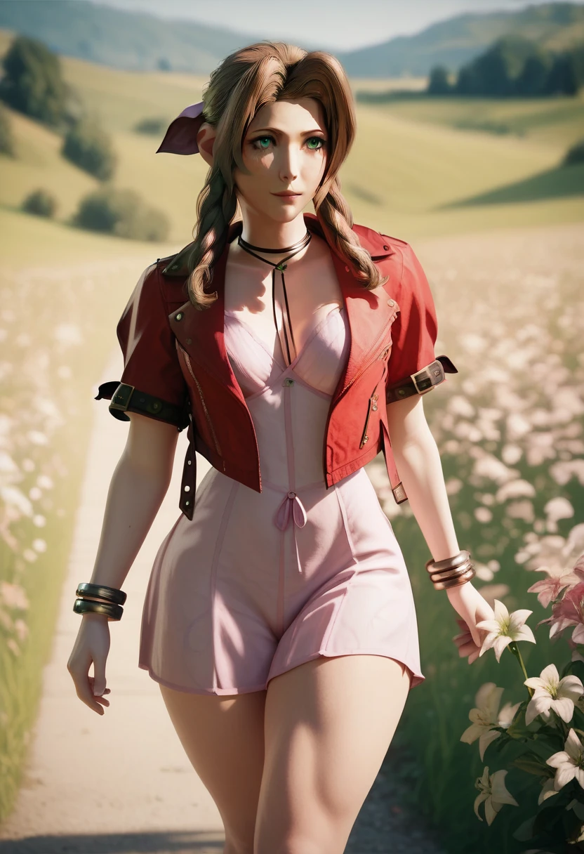  Aerith with eyes big hair green eyes medium breasts abdomen healed thick thighs short dress Pink short red jacket sexy in the flower field walking forward thick thighs