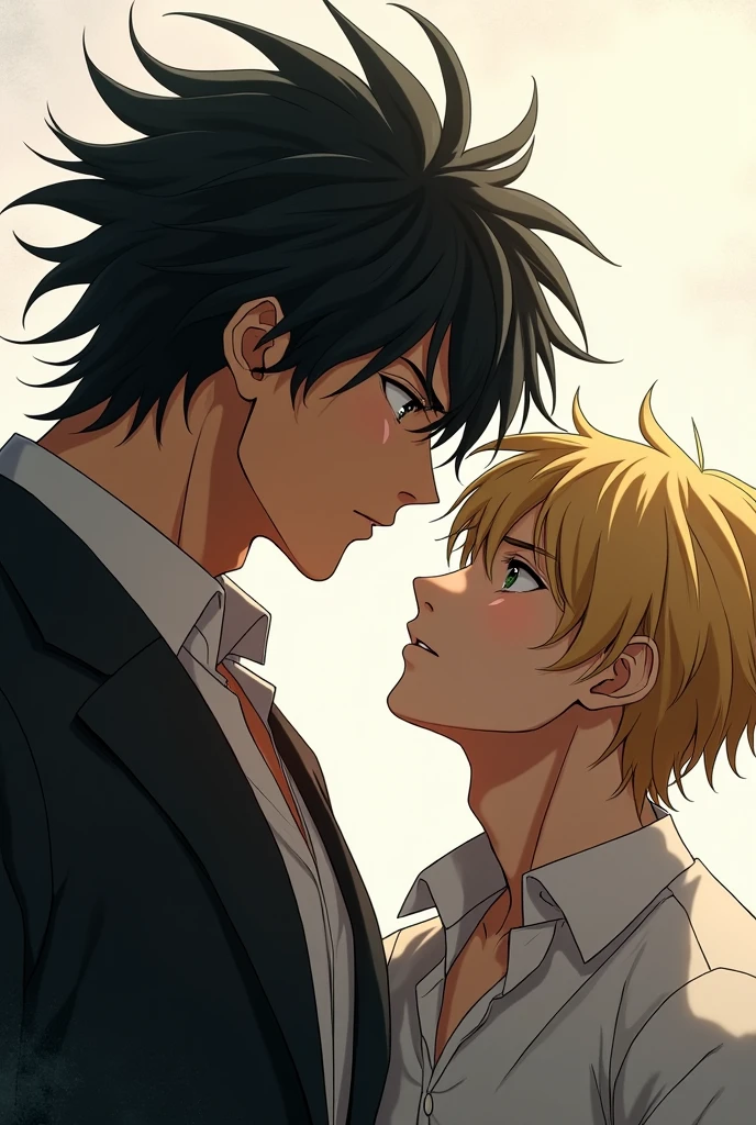 Blonde guy (Aleo) and Black hair guy (Julian) is fighting, but Julian is more dominant [bl anime style]