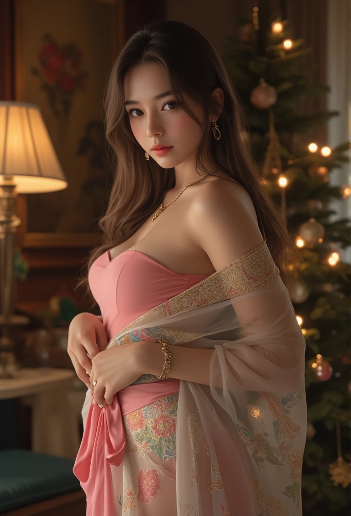 a beautiful young woman ((K-Pop singer Kim Gyu-mi (Sena), age 25), wearing an airy sheer Christmas night gown (shoulders exposed, deeply plunging neckline) , nude except for night gown, her intimate areas partially exposed and very detailed), she is laying on a bed decorated with Christmas silk sheets and is playing with a fluffy kitten while flirting with the viewer, Christmas lights have been hung along the edges of the ceiling , Christmas scene (best quality, 4k, 8k, highres, masterpiece:1.2), ultra-detailed, (realistic, photorealistic, photo-realistic:1.37), HDR, UHD, studio lighting, ultra-fine painting, sharp focus, physically-based rendering, extreme detail description, professional, vivid colors, bokeh, portrait, figurative, intimate, sensual, cozy, Christmas, warm lighting, chiaroscuro ( Along the top edge of the picture 'DO YOU TRUST ME' has been printed in Korean, and 'Girl Crush' is written over it in italics with neon pink ink. (show her entire body, show all of her)
