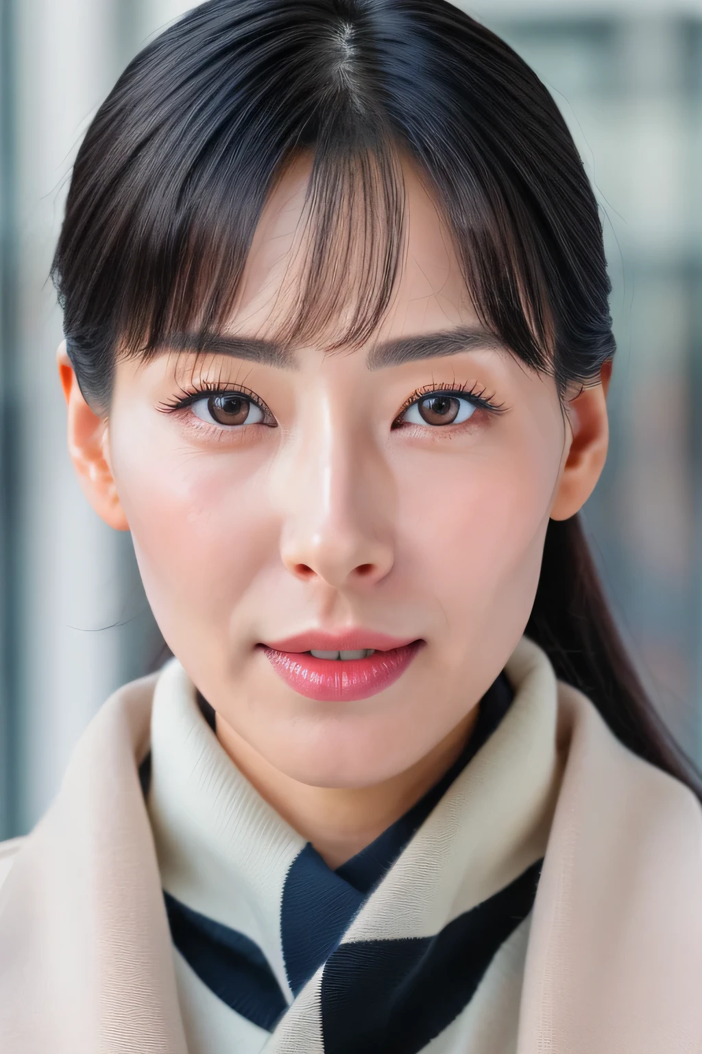  beautiful Japanese actress , 1 girl, debris flies,,Award-winning works,  very detailed,  clearly focus on the eyes, Nose and mouth, face focus,  super close up of face、 Age 35, black hair 、Symmetrical face, Insulated、 angle from below、Elongated C-shaped nostrils NSFW,(Sharp Nose)Sweaty, glistening skin、shiny skin,(Brow wrinkles))（cum on tongue)、  Deep Kiss 、(( thin eyebrows)) oily skin 、Glowing, Radiant Skin、 double eyelids 、、 beautiful woman、 medium hair up to buttocks,Roll your eyes、 shortcuts、(Winter streets、 Long Coat 、 sweater 、 scarf)、 I can see the sky 、 Shibuya Center Street 、