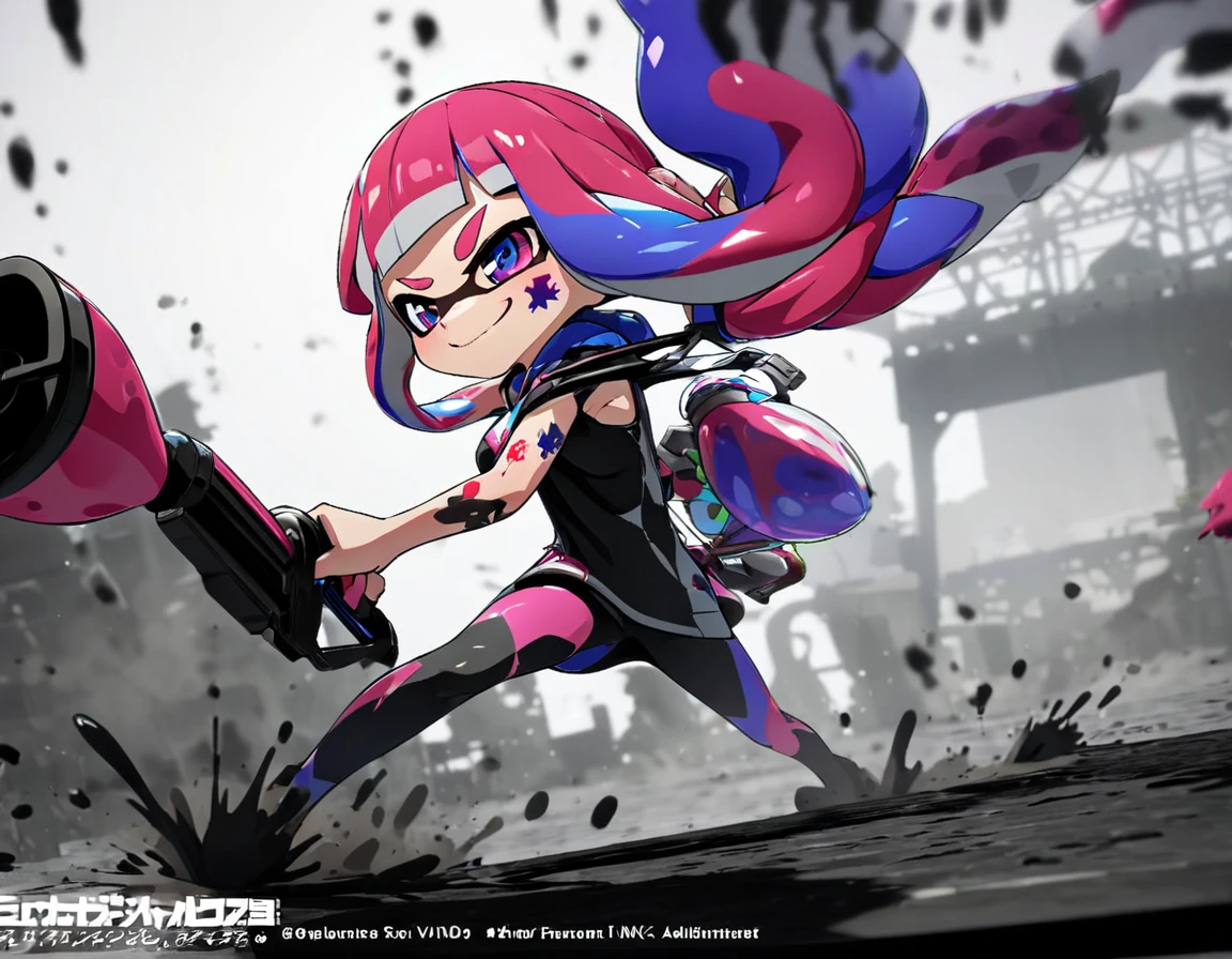  score_9,  score_8_up,  score_7_up,  score_6_up,  score_5_up,  score_4_up, girl,Alone,Girl weapon drawing - sling ，smile，Speed，wind(1.3)スプラトゥーンwind,  Video Game Fan Art ,Alone, With a tattoo of a イカ,  Splatoon 3,   High Quality ファンアート ,  High Quality 、 Super Luxury ， Vivid ，color彩，masterpiece、最 High Quality 、 high definition ，さまざまなink，3d、  disorganized ,  high definition ,  super detailed,武器からピンクのinkが発射，， concrete ground，Serious，Alone，ink， Dynamic，
 Splatoon Girl , , fighting against other Splatoons,color々なinkが飛び散る，壁にink，フェンスにink,  low angle shot , 体には多くのinkが付着している,水鉄砲やink銃を使ってお互いに絵の具を塗り合う,splash ink , colorful ,Delighted,Volumetric Light,  Dynamicなポーズ, sharp,