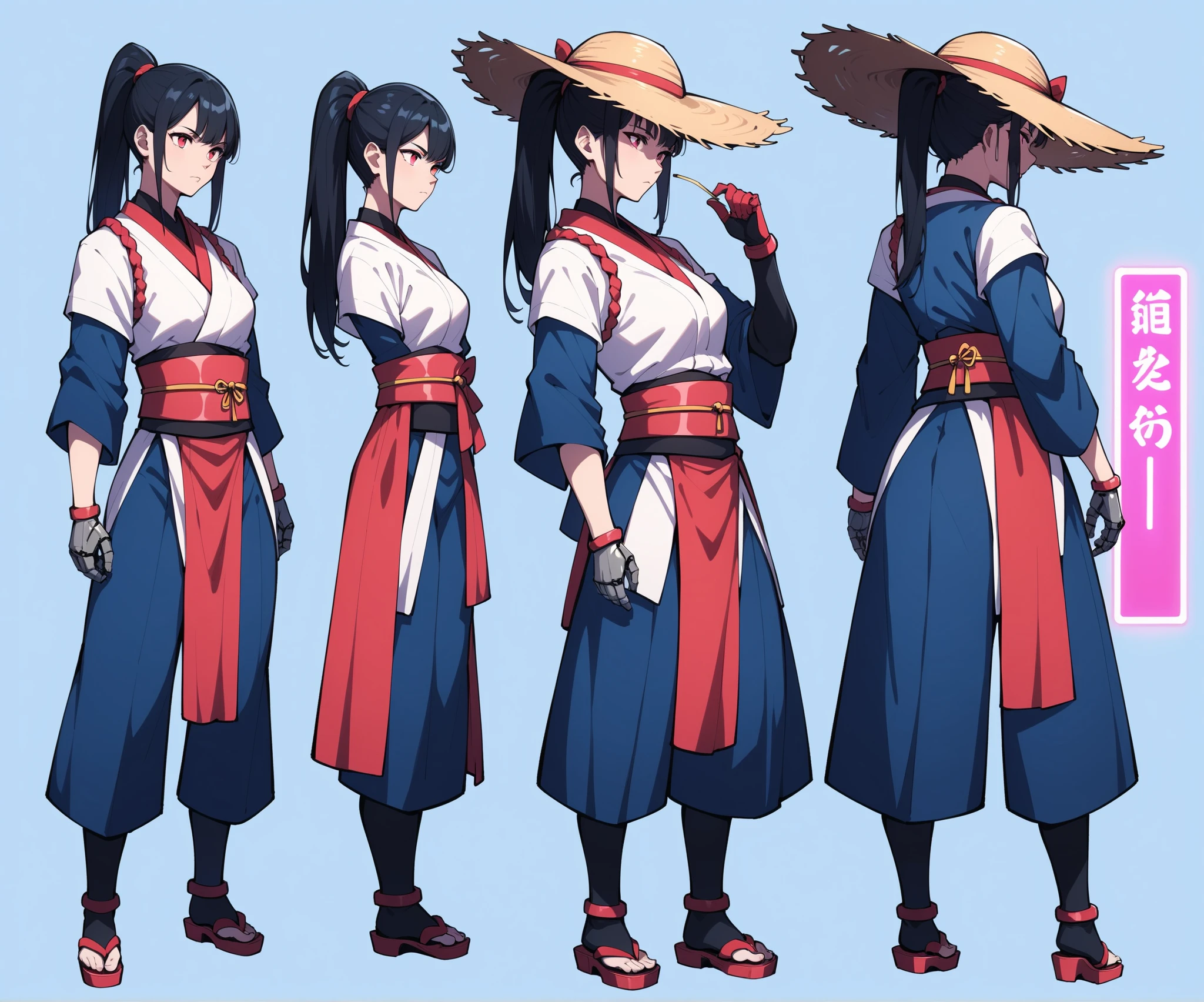 Three views, full body image, front view, side view and back view, three views arranged in a row, black ponytail with straight long hair, hair with bangs, Japanese samurai armor, the metal part of the armor emits mechanical devices, and the head wears a Japanese style Straw hat, the main color of the costume is red, the hands are robotic arms, there are blue and pink neon lights
