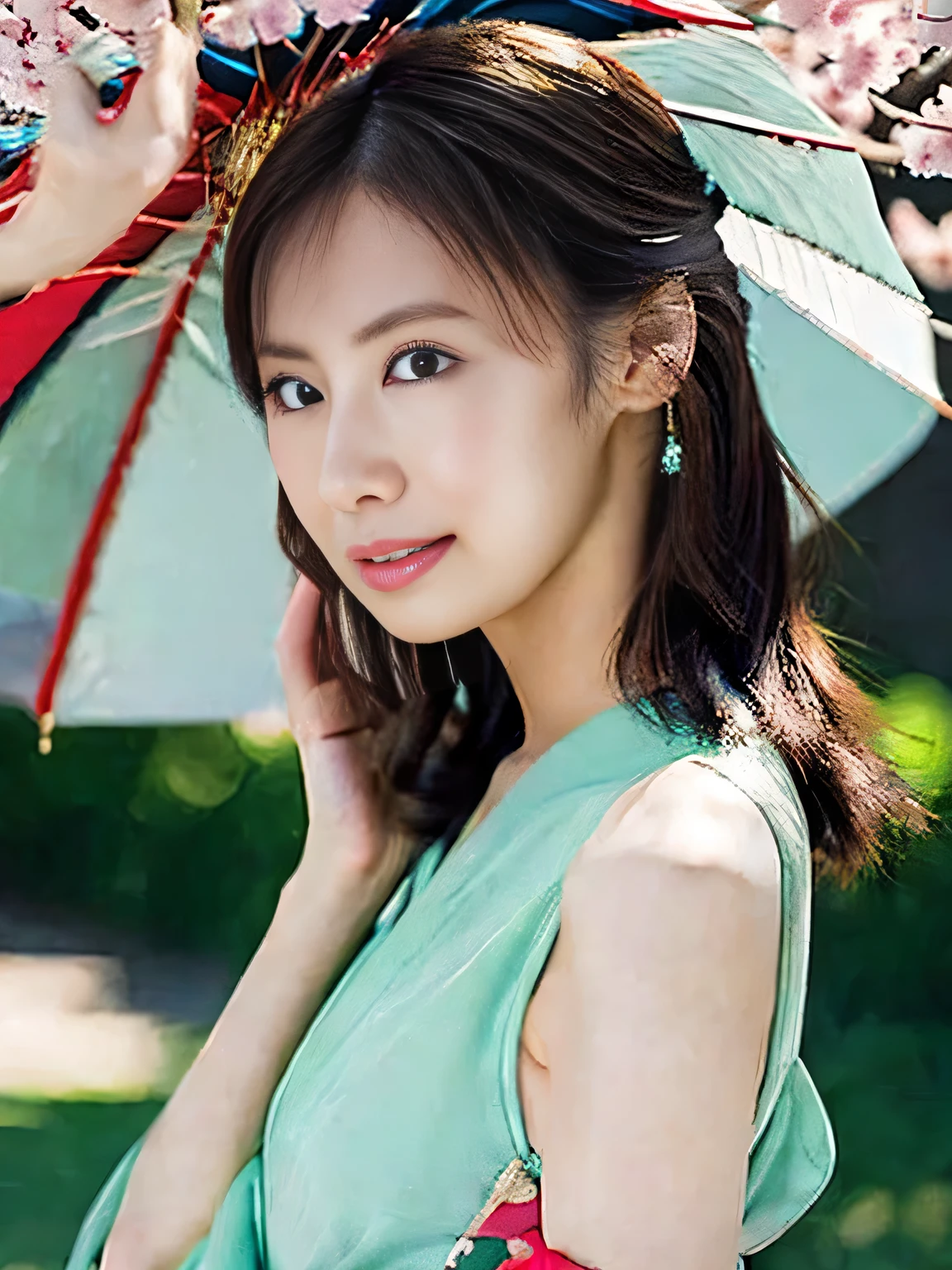 araffe asian woman in kimono with umbrella and cherry blossoms, japanese goddess, in kimono, japanese model, in a kimono, beautiful asian girl, gorgeous chinese model, asian girl, wearing kimono, elegant japanese woman, kimono, japanese woman, Middle Yuan Festival, traditional beauty, japanese, beautiful asian woman, asian hyperdetailed, oppai, sexy girl,big breast, emphasizes cleavage