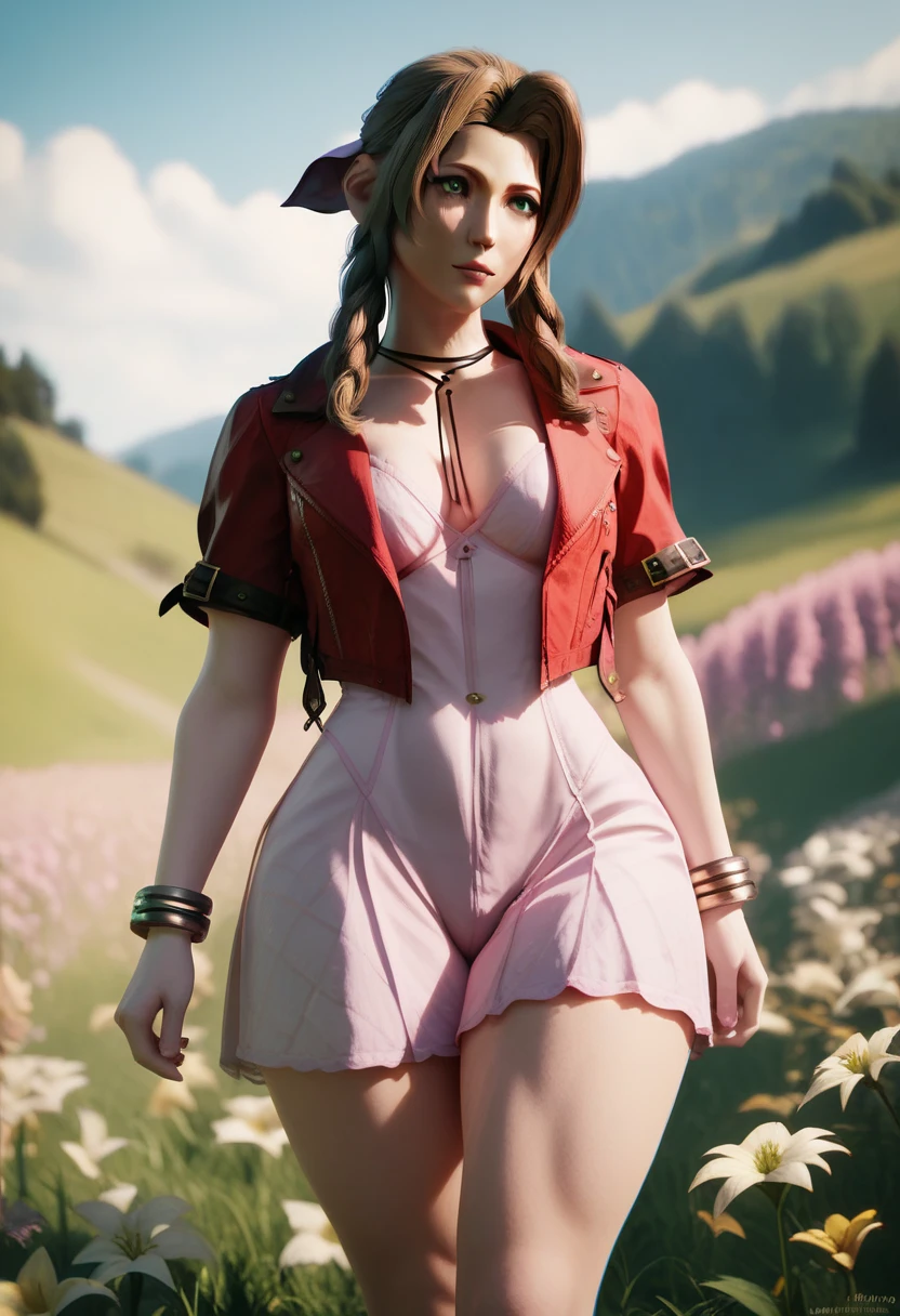  Aerith with eyes big hair green eyes medium breasts abdomen healed thick thighs short dress Pink short red jacket sexy in the flower field walking forward thick thighs