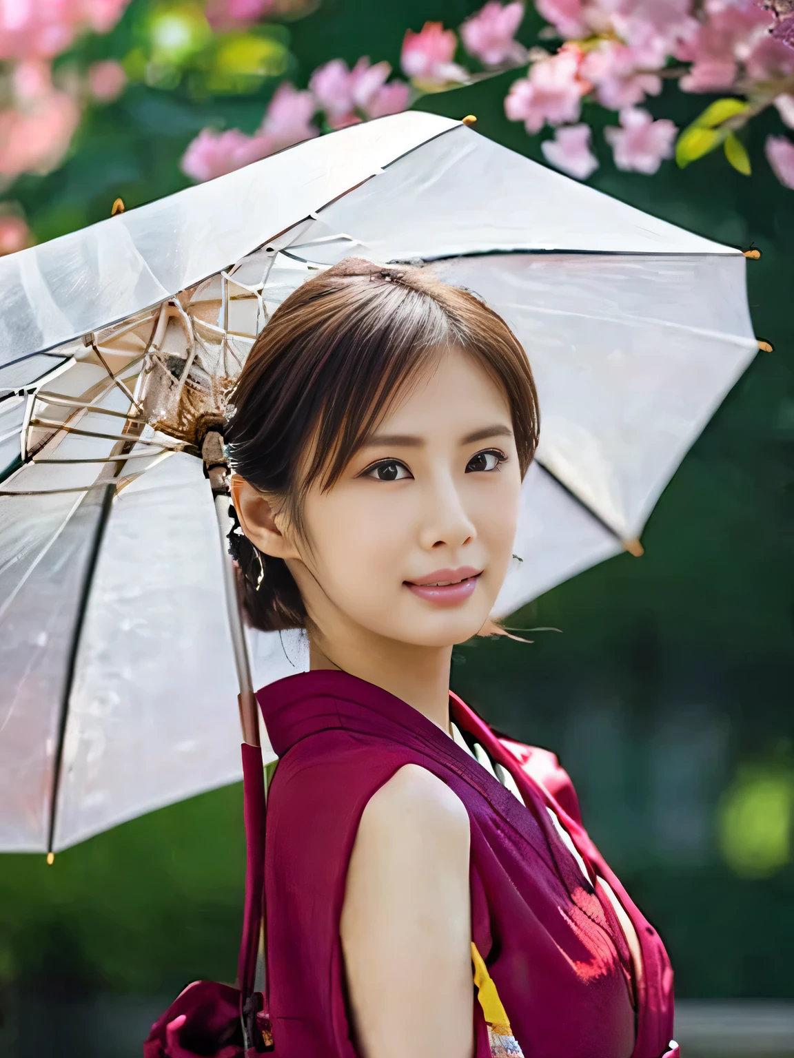 araffe asian woman in kimono with umbrella and cherry blossoms, japanese goddess, in kimono, japanese model, in a kimono, beautiful asian girl, gorgeous chinese model, asian girl, wearing kimono, elegant japanese woman, kimono, japanese woman, Middle Yuan Festival, traditional beauty, japanese, beautiful asian woman, asian hyperdetailed, oppai, sexy girl,big breast, emphasizes cleavage