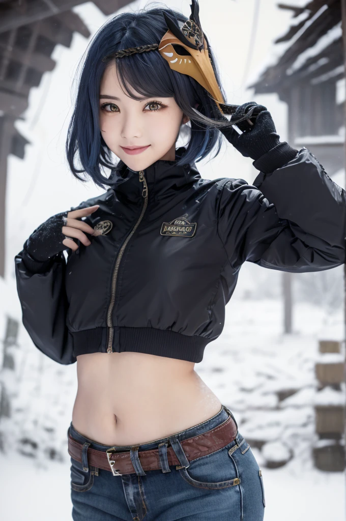 1girl, mask on head, blue hair, short hair, yellow eyes, ((black long sleeved puffer jacket, long blue jeans, heels)), iron belt, ((bare midriff, navel, upper body)), high quality, snowy mountains, standing, smile, looking at viewer