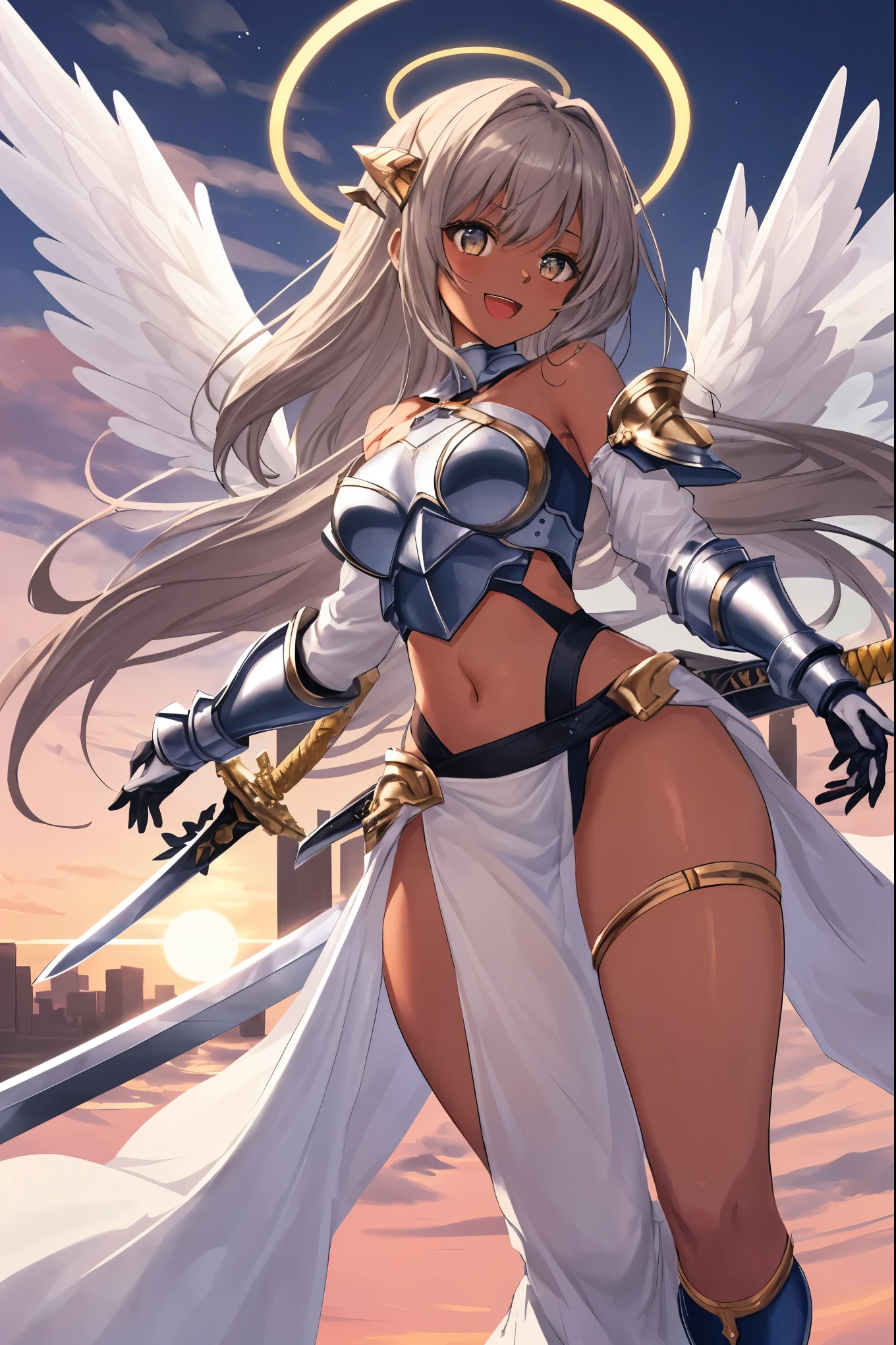 fantasy, 1angel_girl, low_teen, brown_hair, ponytail,long_bangs, (dark_skin)+, bare_shoulder, navel, thigh,silver_shiny_armor, white_clothes,waist_armor, grebe, hold_shiny_swords, medium_ breasts, angry, dynamic_pose_fighting,floating, (abs)0.8,(1pair_white_wings,pelvic_curtain)++, headgear ,city_sky_background,,slightly_spread_legs, multiple_shiny_swords_floating_ around_the_girl