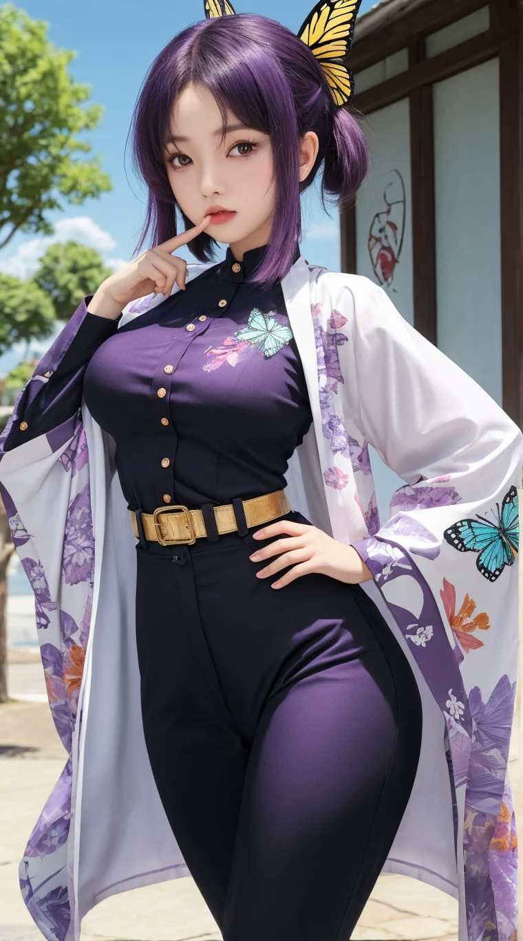 Ultra-realistic 8k CG,masterpiece,((ultra-detailed background, delicate pattern, intricate details)),best quality,very detailed face,extremely detailed eyes and face,extremely detailed eyes,kochou shinobu,multicolored hair,hair intakes,purple eyes,forehead,black shirt,black pants,haori,butterfly,buttons,belt,(Garden:1.2),purple flower,chibi,cloudy sky,sunlight,Tindal effect,gradient_sky,face,Gorgeous sky,Waist Sabre,Charming posture,