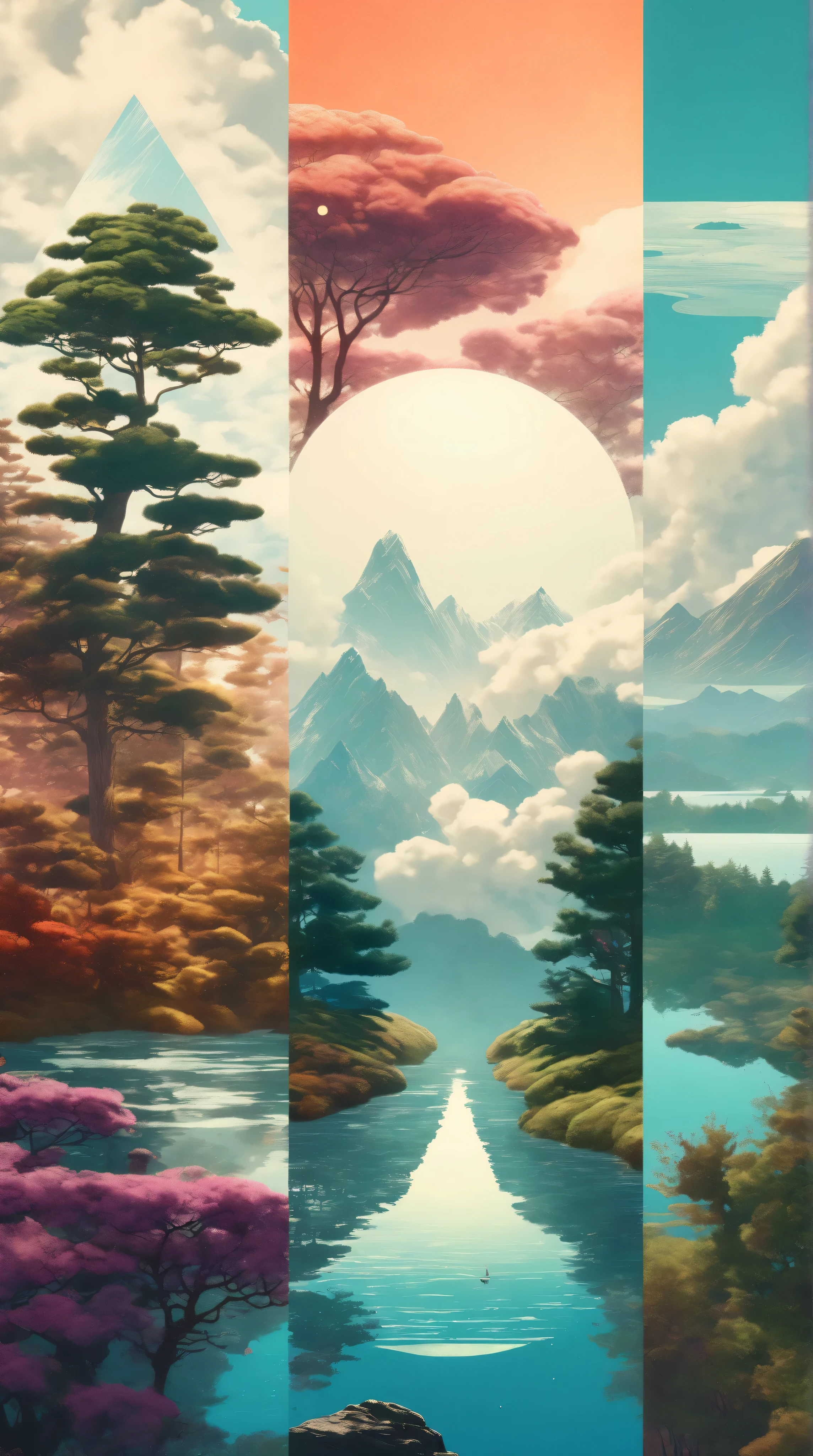 Vertical Landscapes - minimalist psychedelic nature collage art, clear, clean, high resolution, detailed, trending on artstation, Hiroshi Yoshida and Sylvain Sarrailh and N.C. Wyeth and Alena Aenami style