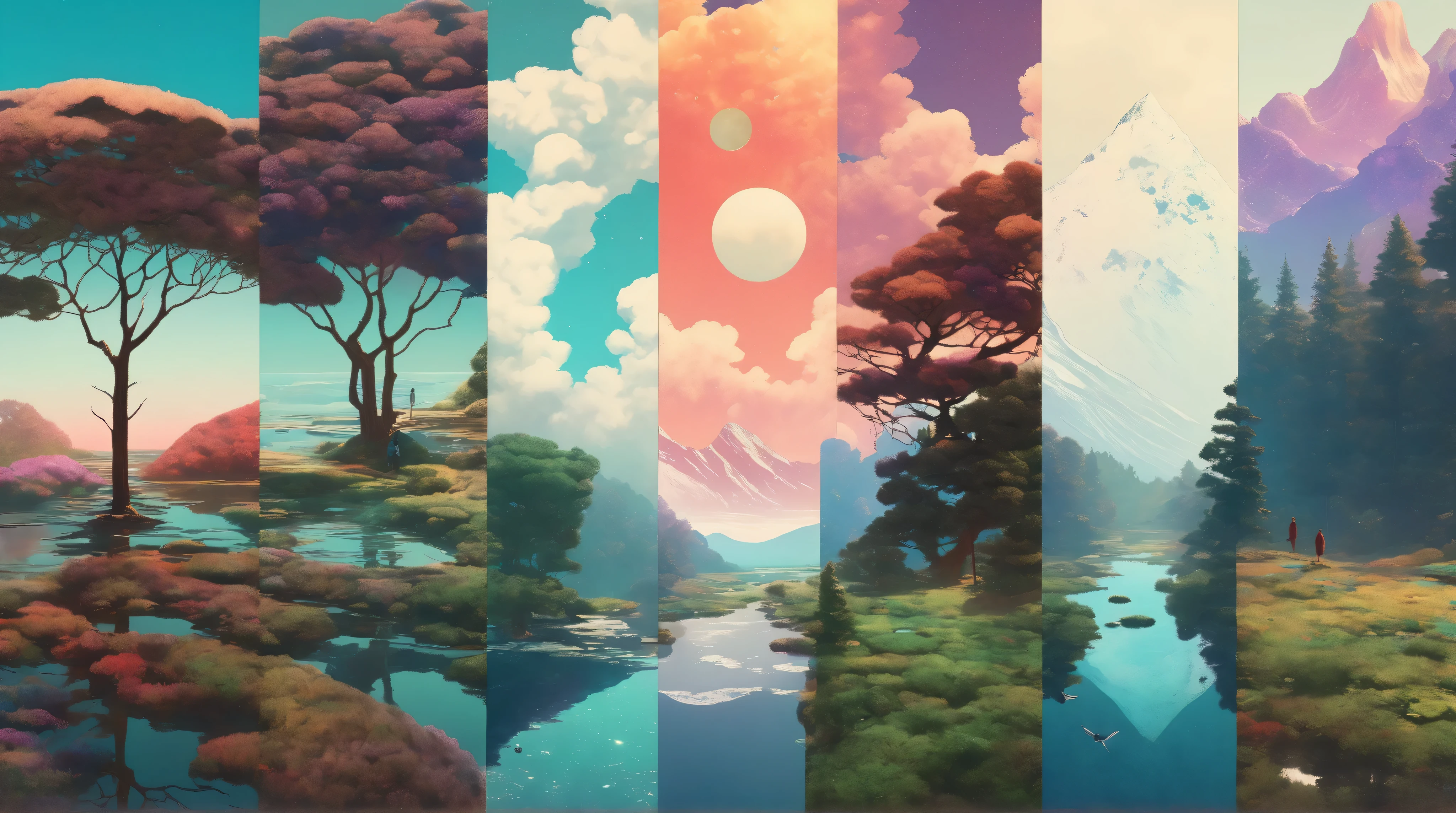 Vertical Landscapes - minimalist psychedelic nature collage art, clear, clean, high resolution, detailed, trending on artstation, Hiroshi Yoshida and Sylvain Sarrailh and N.C. Wyeth and Alena Aenami style