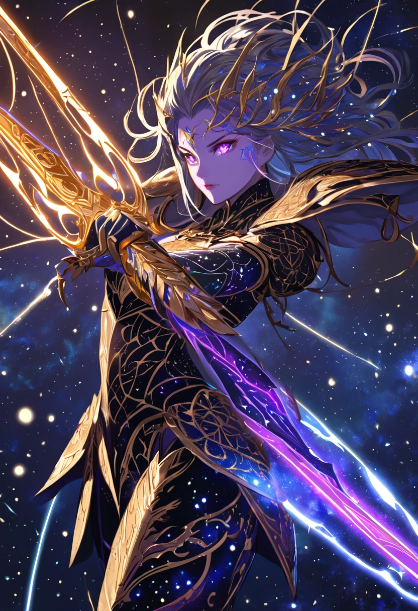 A powerful warrior woman in armor that blends metallic and organic designs, glowing constellation tattoos on her body, wielding a celestial sword in a star-filled, cosmic battleground.