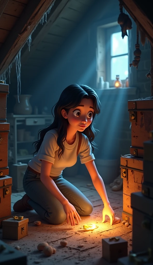 A dimly lit attic filled with old furniture, cobwebs, and dusty boxes.
Lila, a young woman of 22, is kneeling by an old wooden chest. She has long black hair, a curious expression, and is wearing casual clothes.
Her hand is reaching towards a glowing golden key inside an ancient box. The glow illuminates her face, highlighting her surprise and intrigue.
Shadows of old objects and beams of light from a small attic window create a mysterious atmosphere. 3d animation cartoon images hd quilty 