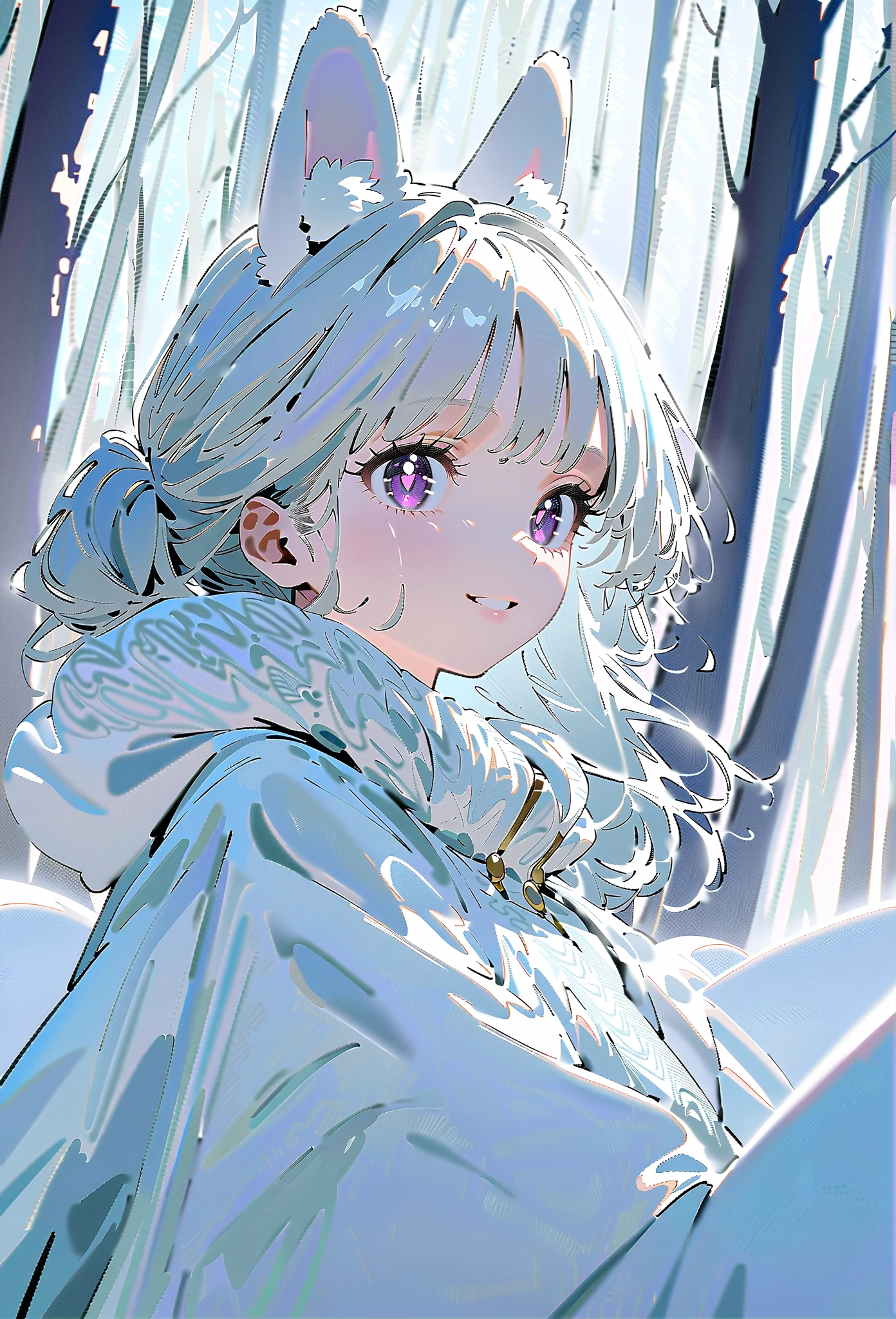 Masterpiece, high quality, high tonal, high resolution, 16K, KyoAni illustration, background detail, digital painting, hyperrealistic, girl, rabbit, white ears and tail, beautiful face, long eyelashes, fair skin, detailed skin, shiny thin legs, white hair, streaked hair with gold,flying around, sparkling eyes, purple eyes, warm design outfit made of white knit material, snow embroidery, big eyes, smiling, full body, in snowy forest, trees frozen white, pastel colors