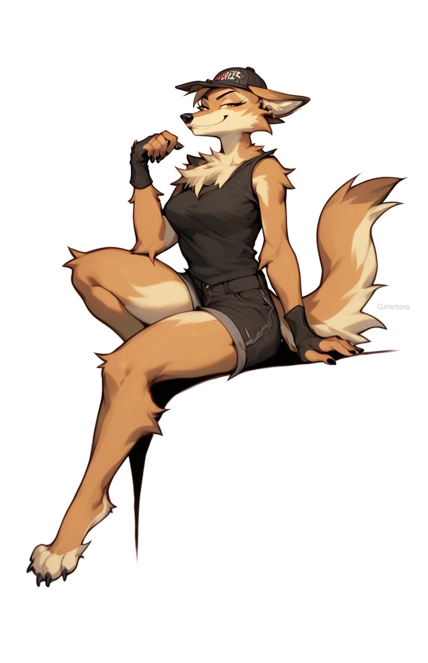 Michiru is basically a tanuki Beastman, though she bore handful traits of blue jay (possibli judging from the color scheme of her hair and tail) and raccoon (marking around the eyes). Her chin-length bob-cut hair and tail are blue in color with black ends. She also has teal eyes, and black pointy cat-like ears on the top of her head. Her hand-paws, feet-paws, and a patch on her face are dark brown while the rest of her fur is light brown much like a real tanuki, She wears a loose gray tank-top, a black undershirt underneath, navy dolphin shorts with light green trim, a red sports jacket with white trim and a unfolded collar, and white sneakers with red soles, anthro raccoon, female, adult, muscles, brown fur, buffed body, tail, sexy, beefy body, furred body, furry chest hair, realistic, full body, photorealistic, ultra realistic, 8k, night, bare-chested.