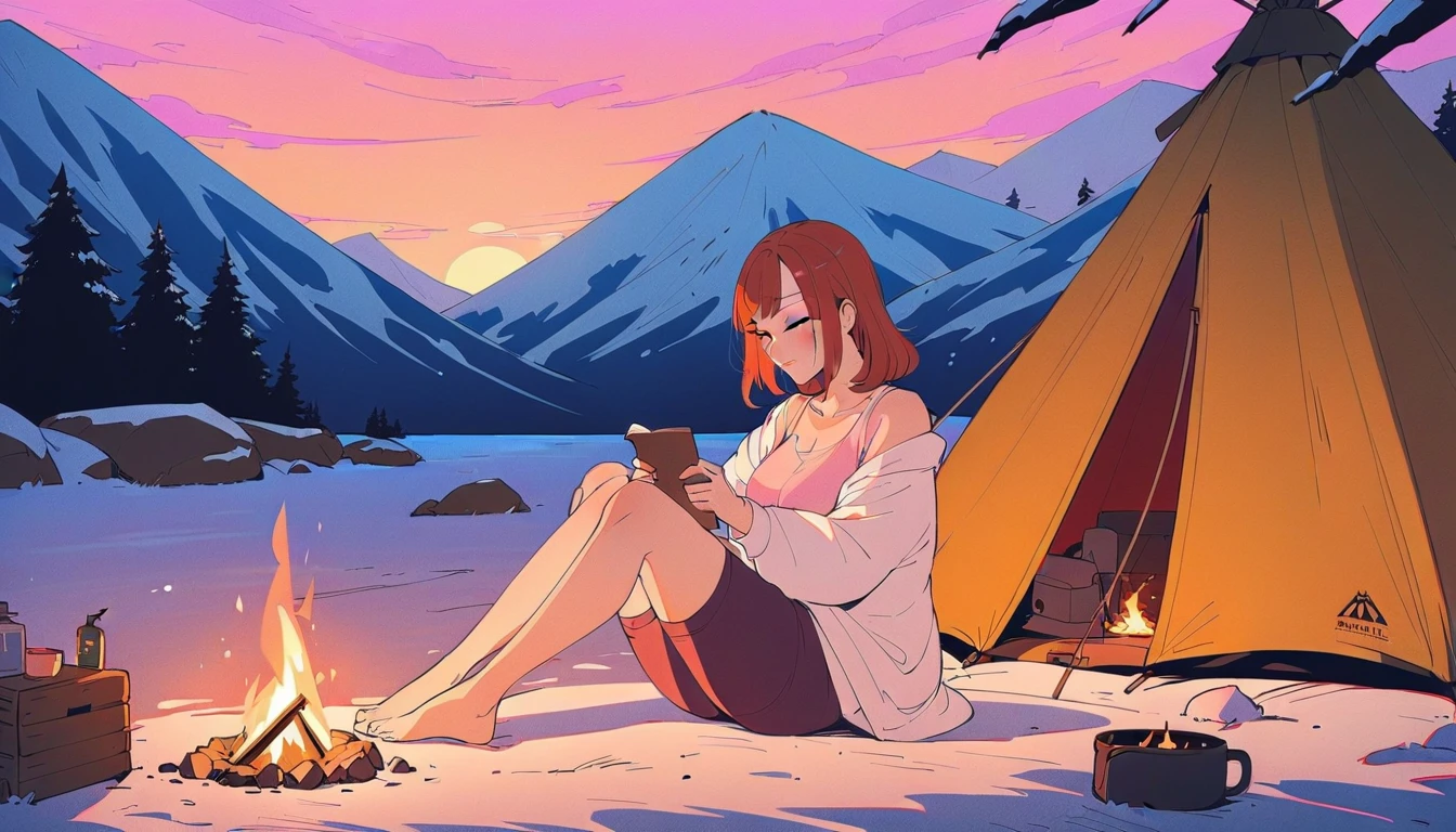 A serene winter camping scene with A woman short auburn hair with big bobs wearing a lush pink tank top sitting inside a tent