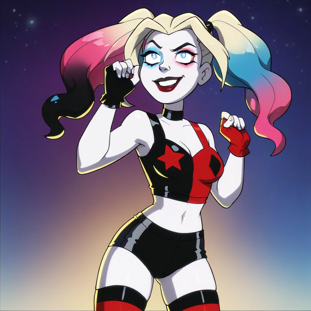 HarleyQuinnCartoon, 1girl, twintails, makeup, crop top, blue eyes, navel, midriff, thighhighs, lipstick, shorts, breasts, choker, eyeshadow, fingerless black gloves, blue blonde pink multicolored gradient hair, red lips, multicolored clothes, pale skin, cowboy shot