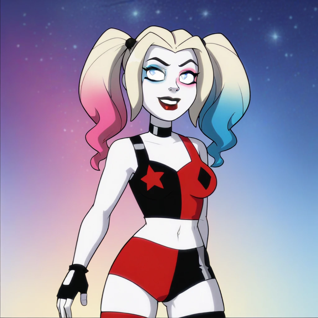 HarleyQuinnCartoon, 1girl, twintails, makeup, crop top, blue eyes, navel, midriff, thighhighs, lipstick, shorts, breasts, choker, eyeshadow, fingerless black gloves, blue blonde pink multicolored gradient hair, red lips, multicolored clothes, pale skin, cowboy shot