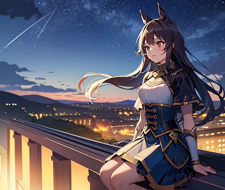  top quality, masterpiece,  very detailed ,  Detailed Background , Admire Vega（Horse Girl）,  young girl, cute, outdoors,   knight ,  starry sky , Racecourse, landscape, scenery,  horizon , rooftop, sitting on rooftop, wind, Look away, Atmospheric lighting, solo focus, 