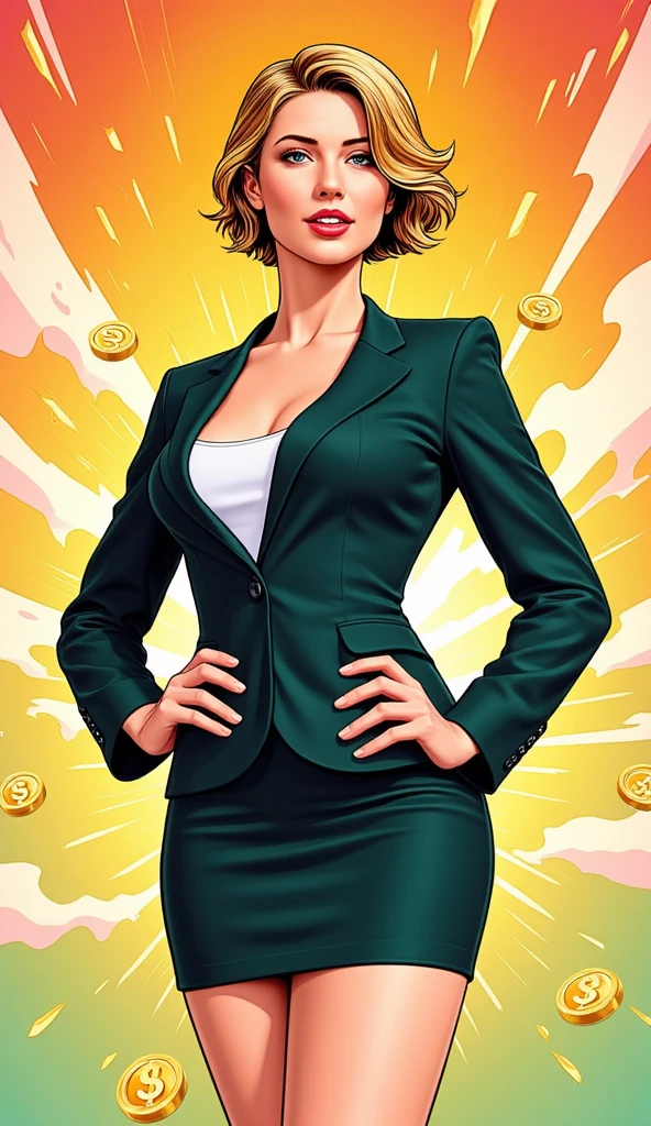 "A confident and stylish adult woman, with a modern and sophisticated look, dressed in a sleek blazer and skirt suitable for a business environment. She has short, wavy hair and wears subtle, professional jewelry. She is surrounded by a minimalistic yet vibrant background featuring geometric shapes, gradients, and subtle patterns symbolizing wealth and success, such as gold tones and abstract dollar symbols. The woman has a poised and empowering demeanor, with a slight, confident smile. The overall style is comic book-inspired with vibrant colors."