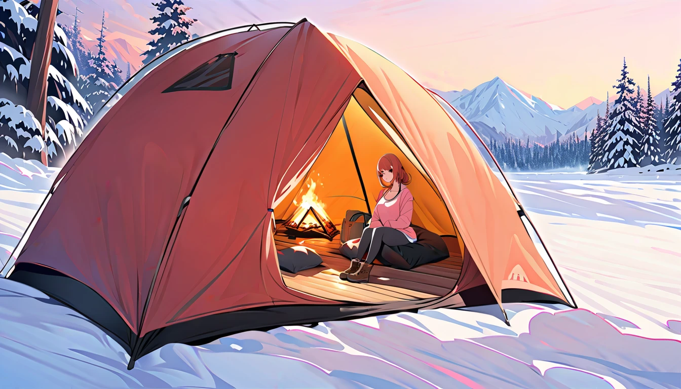 A serene winter camping scene with A woman short auburn hair with big bobs wearing a lush pink tank top sitting inside a tent