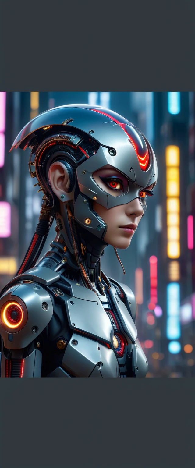 " a hyperrealistic image ,  cyberpunk style,  of a male alien and metallic gray skin ,  showing vibrant lights in ominous tones with a futuristic city in the background .  Its appearance is highly technological ,  with intricate cybernetic modifications scattered across the face and body . ((( The disproportionately large eyes ))) and of an intense red color ,  with cables shining through the body giving the feeling of data processing controlled by artificial intelligence.  Metal plates and detailed circuits are integrated into your skin ,  forming geometric patterns and energetic lines that emanate a subtle light . 

 The alien has an elegant and aerodynamic body design and masculine features ,  with elongated limbs and biomechanical details ,  including exposed cables and embedded microchips .  Its face displays unique features ,  like illuminated crevices and metallic bone structures that blend perfectly with technological modifications. 

 The background is a bustling cyberpunk city ,  filled with skyscrapers illuminated by colored holograms and panels of digital advertisement .  creating an impressive visual contrast .  The atmosphere is dense and vibrant ,  with particles of smoke and fine rain illuminated by city lights .  The lighting emphasizes the details of the alien's body and face ,  giving a sense of stately and futuristic presence .  An artwork in 8k ,  realistic full textures and minute details , combining science ,  cyberpunk technology and aesthetics ."