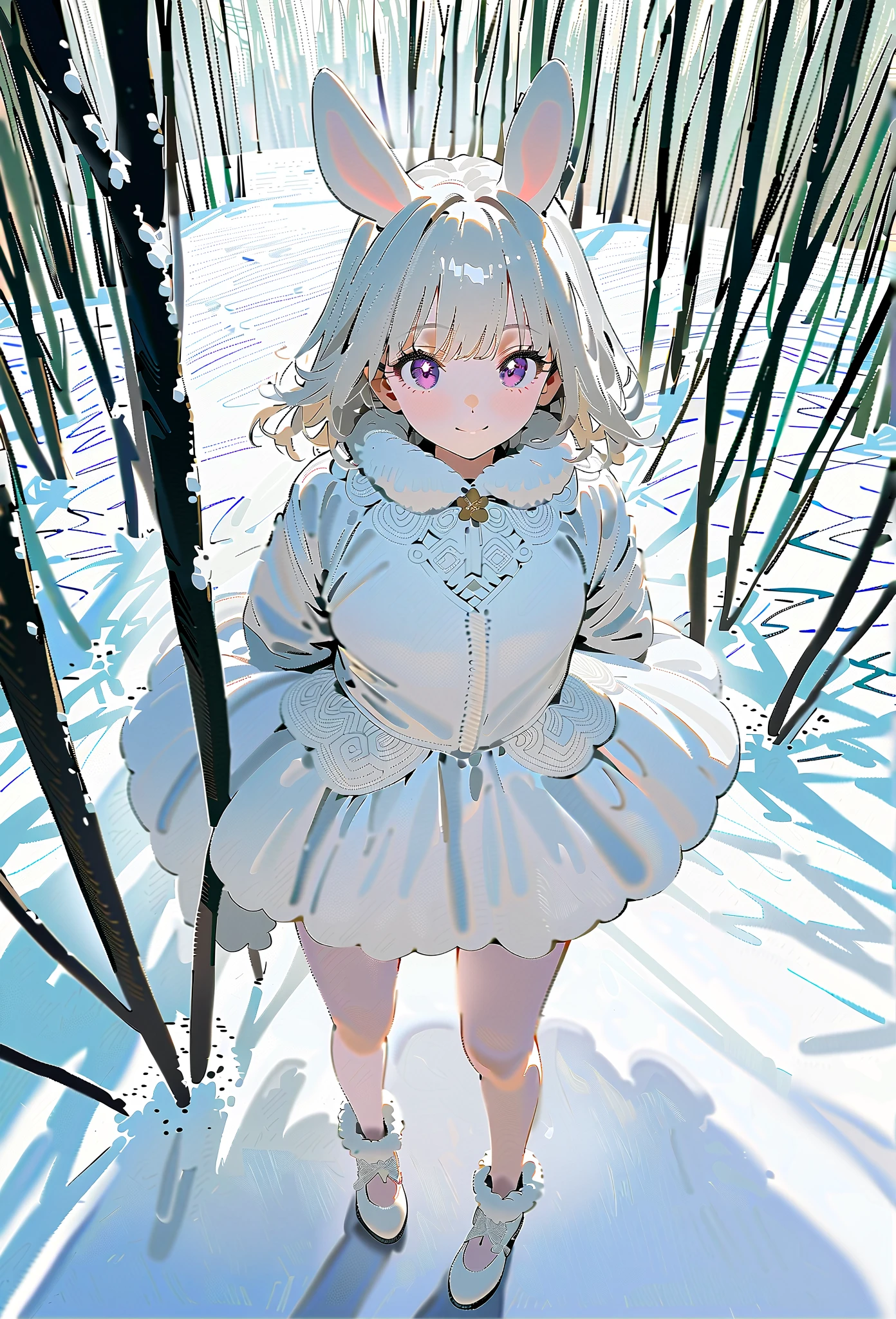 Masterpiece, high quality, high tonal, high resolution, 16K, KyoAni illustration, background detail, hyperrealistic, girl, rabbit, white ears and tail, beautiful face, long eyelashes, fair skin, detailed skin, shiny thin legs, white hair, streaked hair with gold, flying around, sparkling eyes, purple eyes, warm design costume made of white knit material, snow embroidery, big eyes, smiling, full body, in a snowy forest, trees frozen white