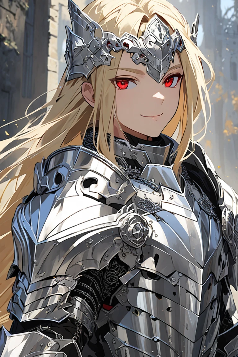 One Beautiful face young boy, Red ruby eyes, medieval Blonde long hair, silver knight heavy Armour, Paladin, Sacred. Smile