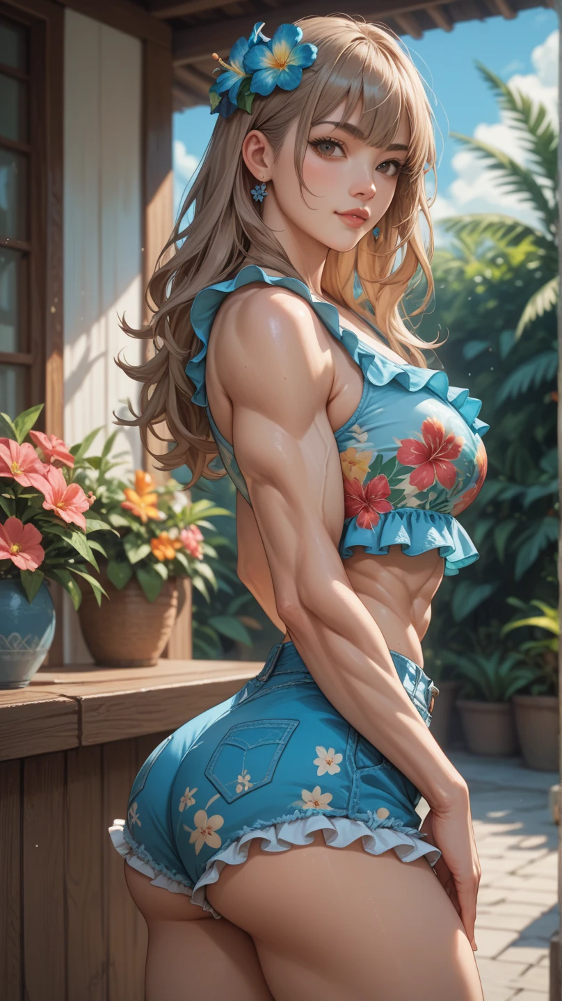 1 girl, blush, abs,, light smile,floral babydoll, rays, shine,muscular,(muscular female) , (masterpiece), realistic,seal girl,Long hair
