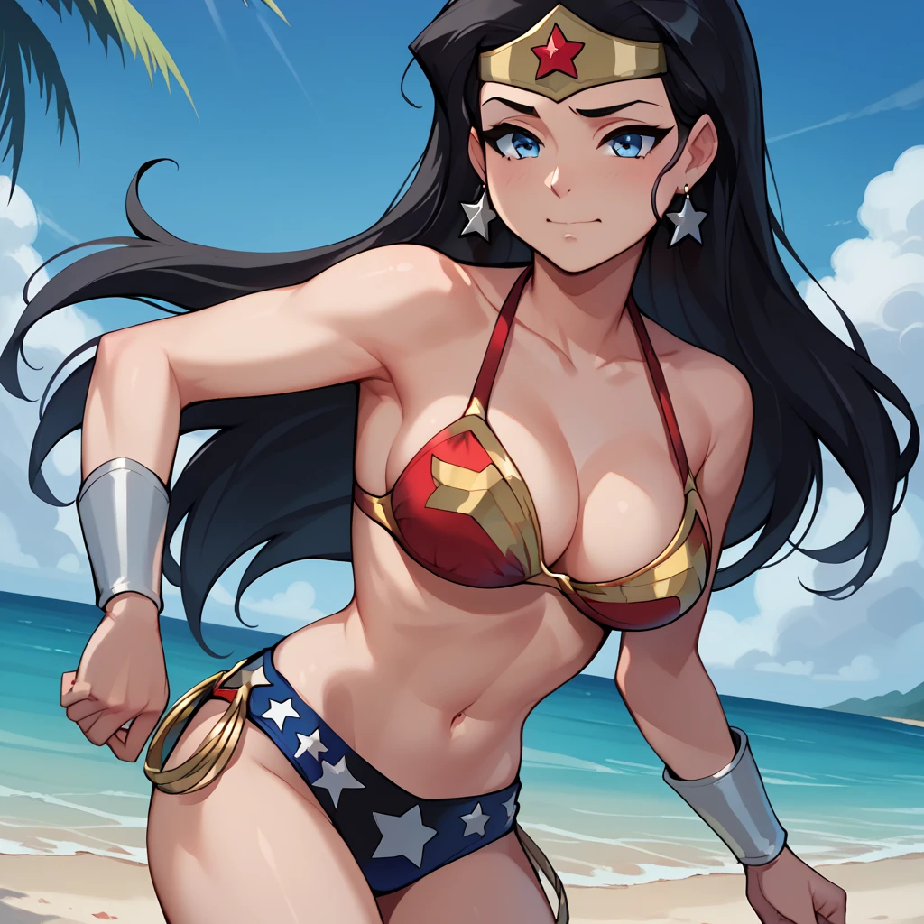 score_9, score_8_up, score_7, BREAK, solo, cute, 1girl,  ww_ju, black hair, long hair, blue eyes, star (symbol), earrings, tiara, wrist braces,  bikini ,Large breasts, 